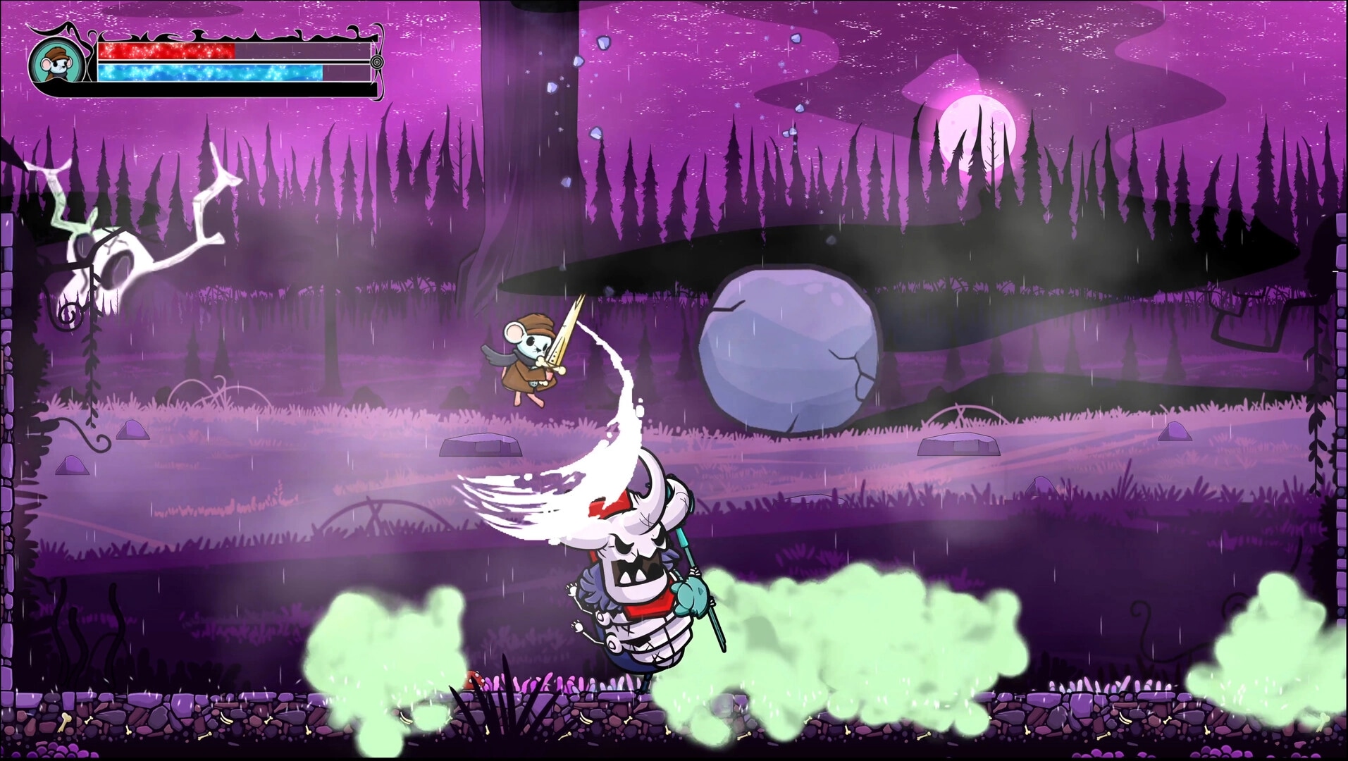Tyro: Engaged in combat with a large skeletal enemy in a misty, purple forest under a full moon.