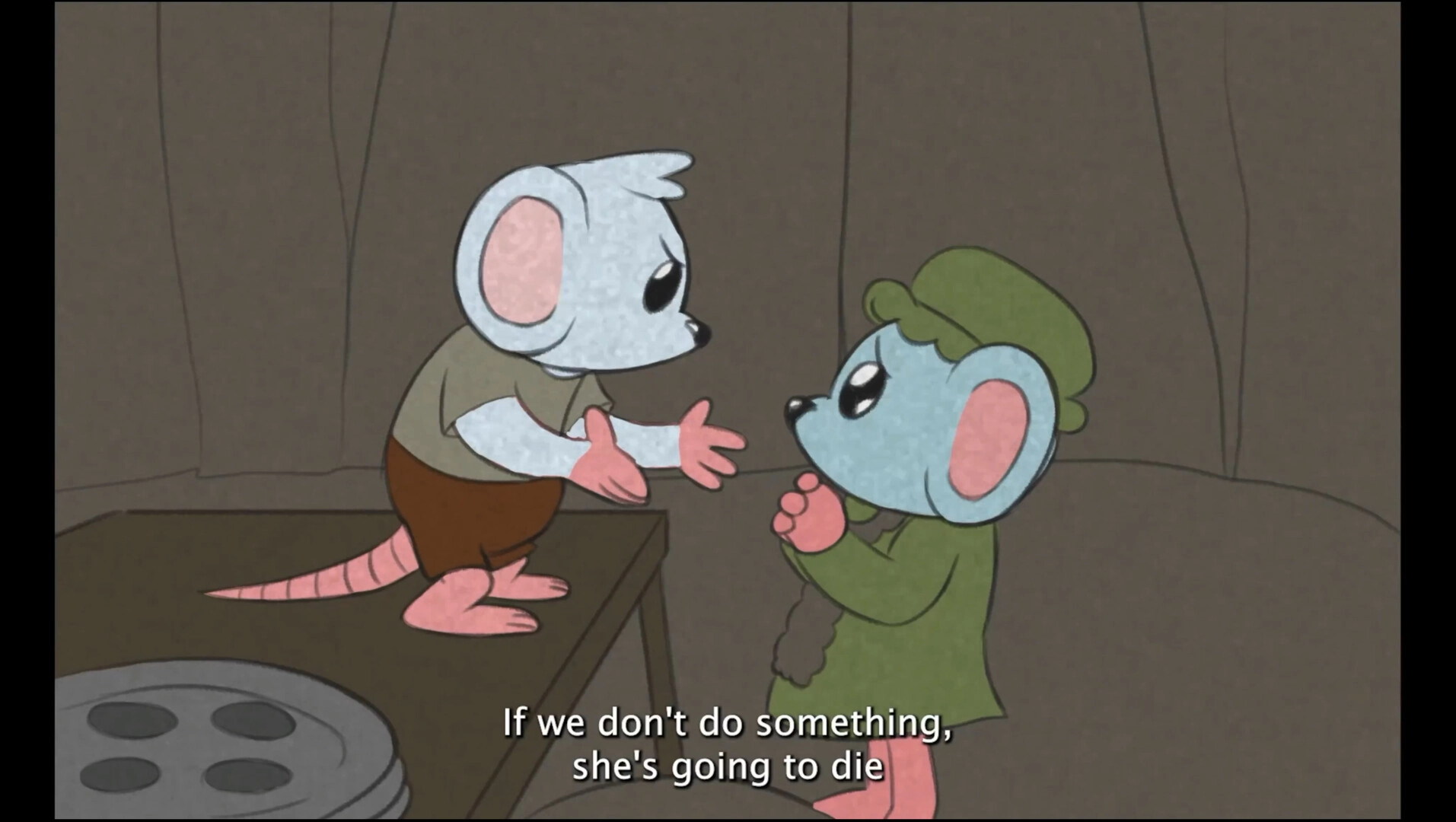 Tyro: Two mice characters in a tense conversation inside a dimly lit room, text dialogue visible.