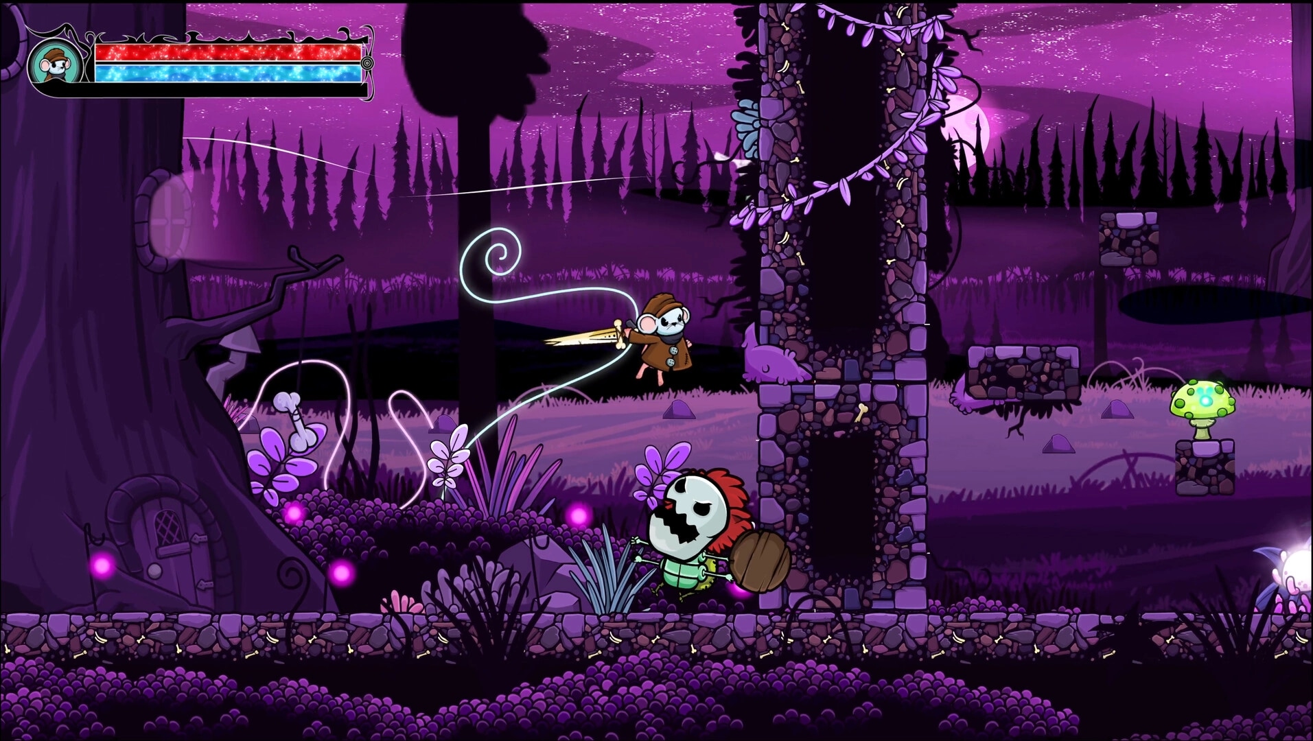 Tyro: Field mouse Tyro leaps with a sword in a mystical purple forest, facing a skeleton foe.