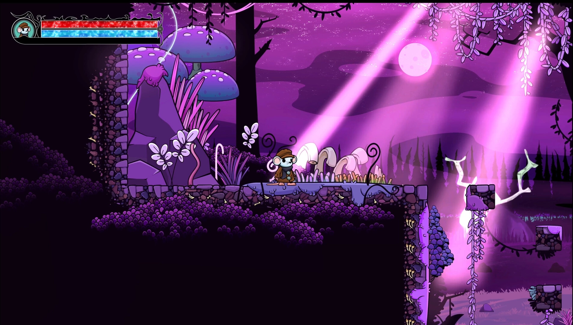 Tyro: Exploring a mystical forest with glowing mushrooms under a moonlit sky, health bar visible