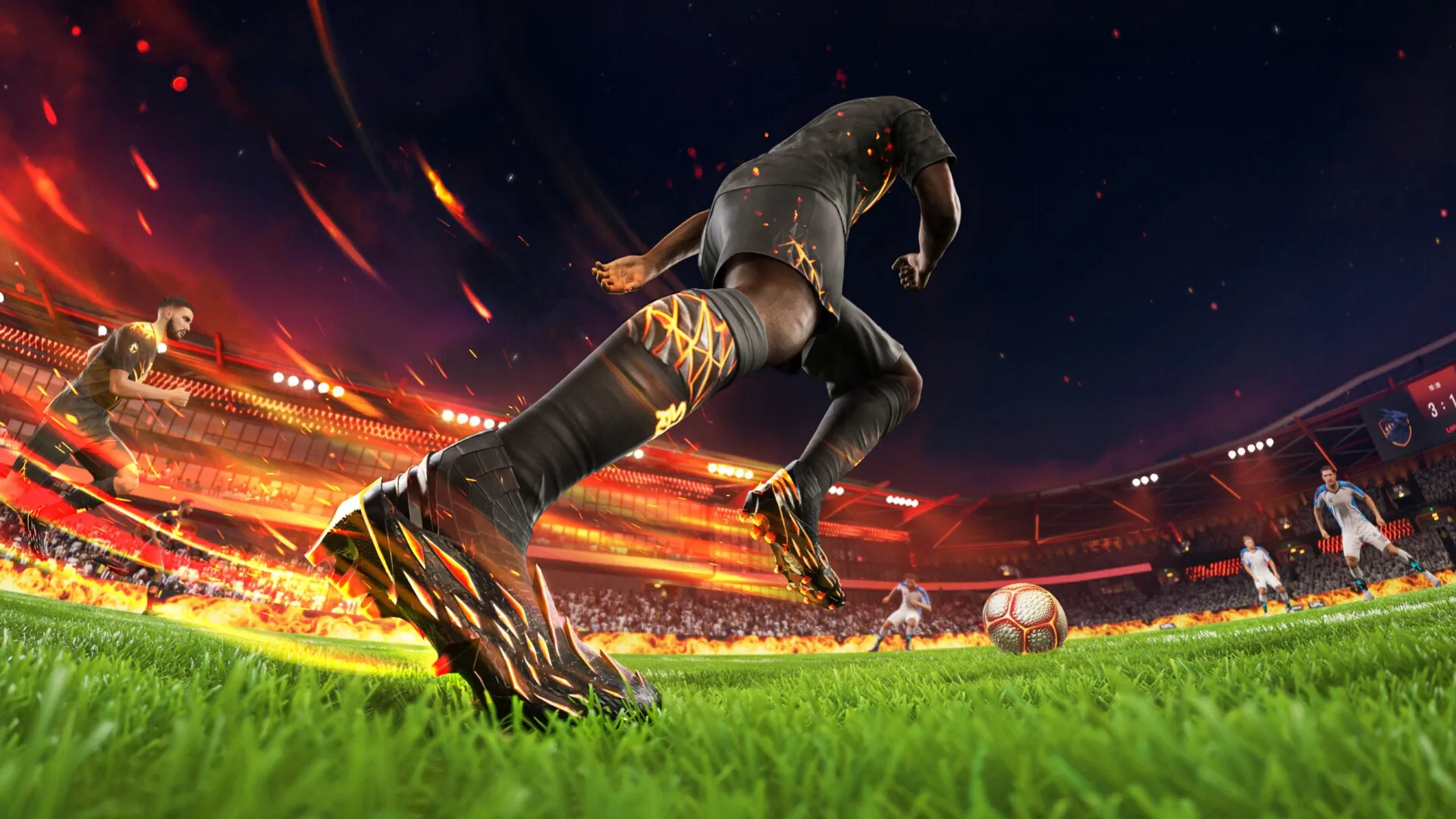UFL™: Football player in fiery stadium dribbling ball with dynamic lighting and cheering crowd