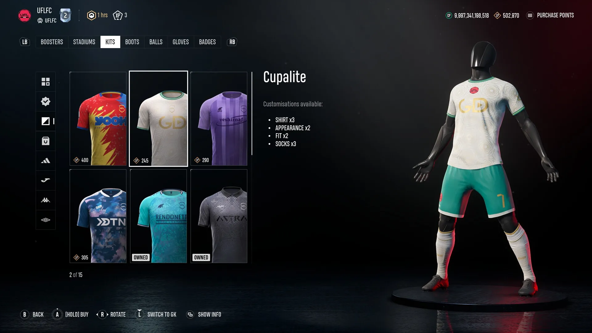 UFL™: Kit customization menu with various jersey designs and mannequin display in dark setting