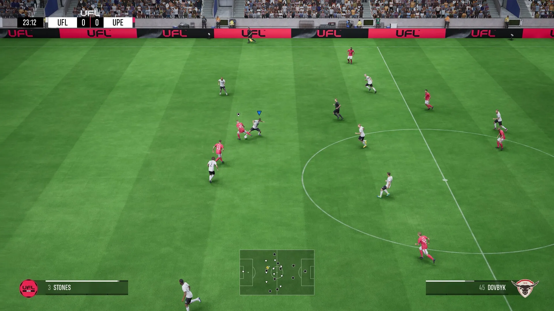 UFL™: Midfield action with players in red and white jerseys on a vibrant green football pitch