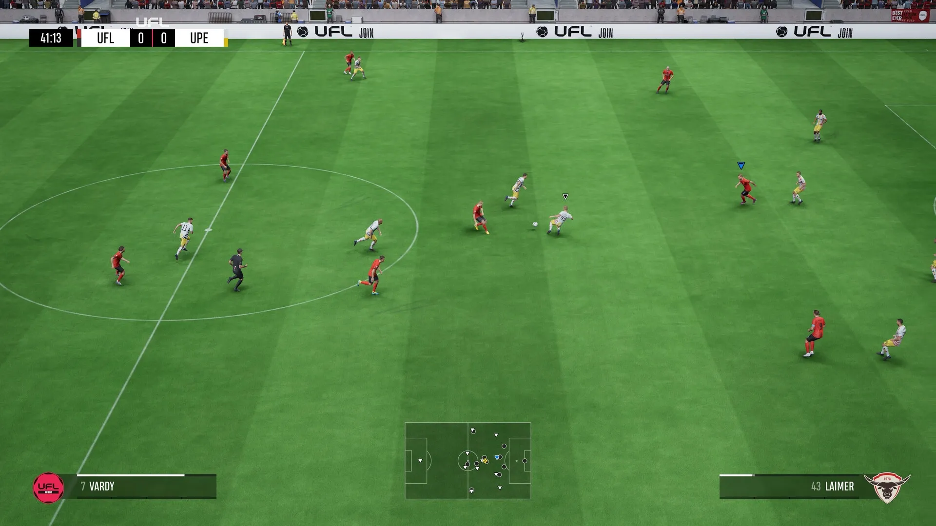 UFL™: Midfield action with players Vardy and Laimer on a green pitch, score 0-0, timer at 41:13.