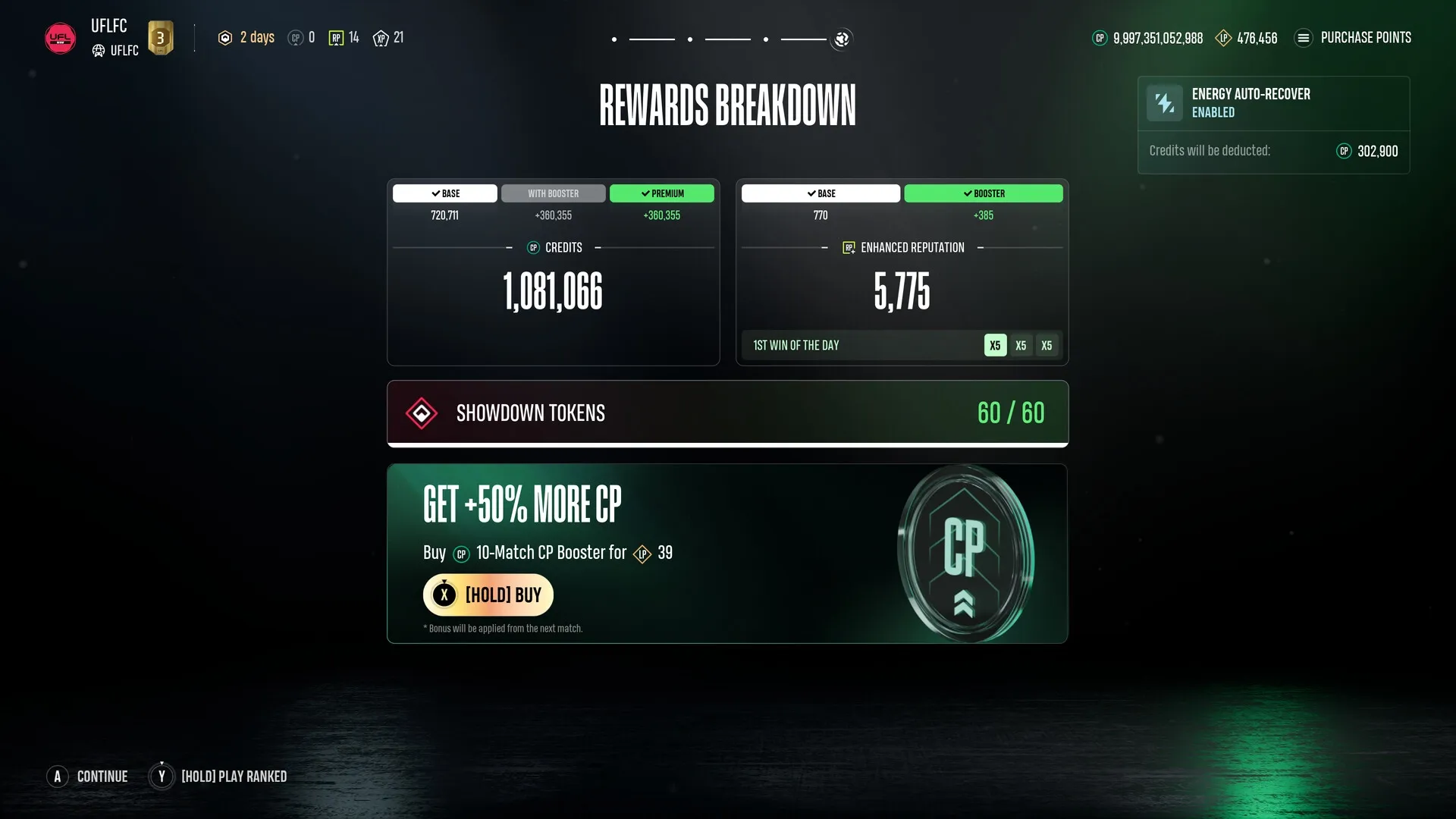 UFL™: Rewards breakdown screen showing credits, enhanced reputation, and CP booster purchase options