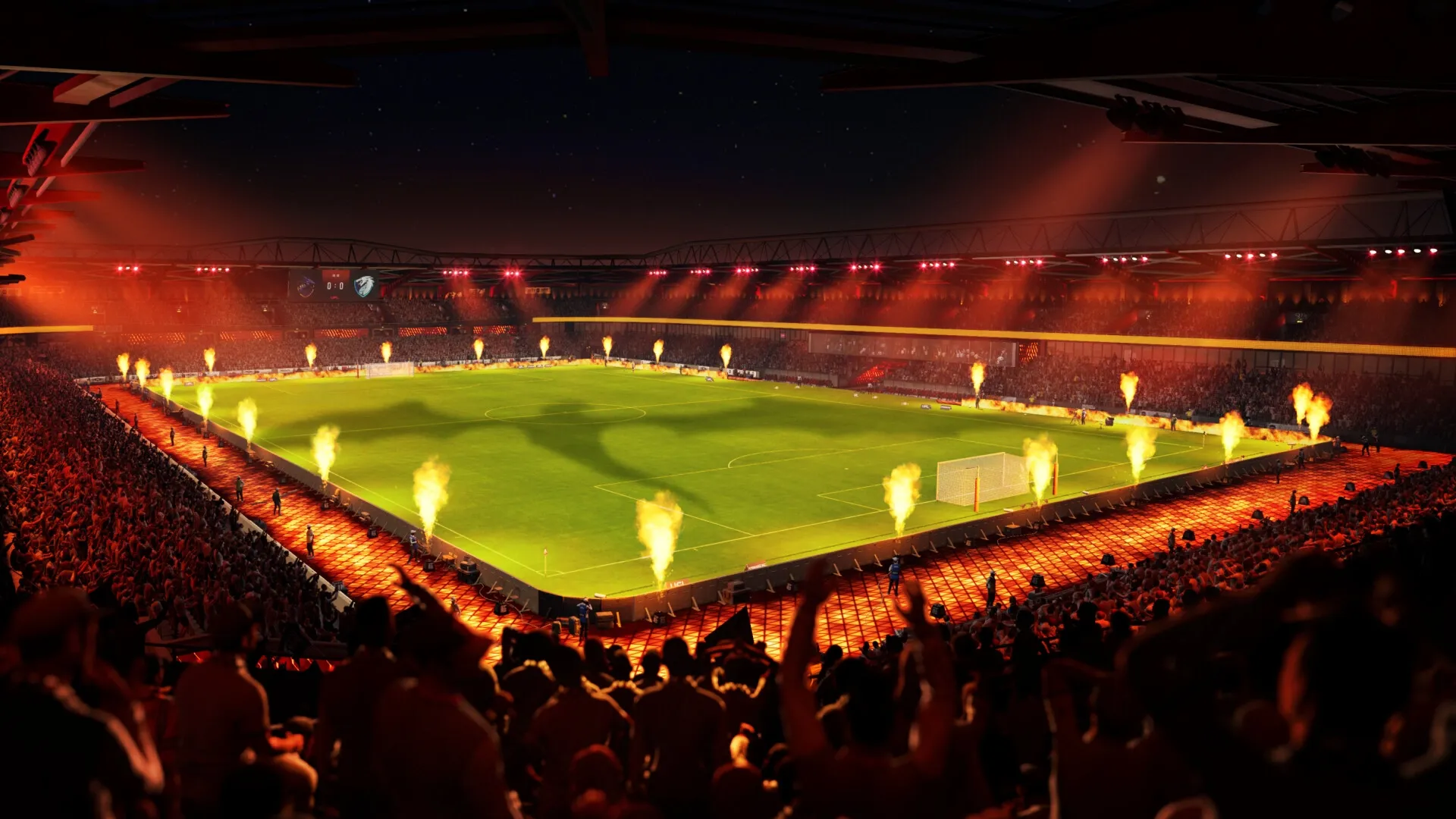 UFL™: Nighttime stadium packed with cheering crowd, fiery pitchside effects, and scoreboard in view.