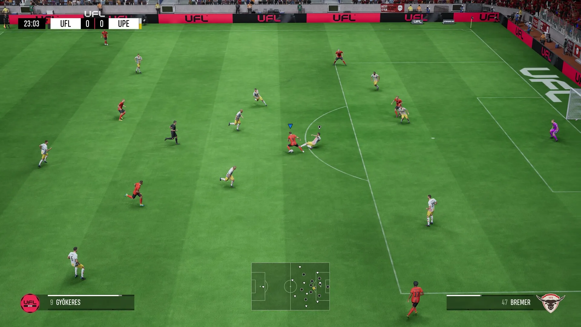 UFL™: Gyökeres dribbles past a defender on a lush green field, score displayed as 0-0 at 23:03.