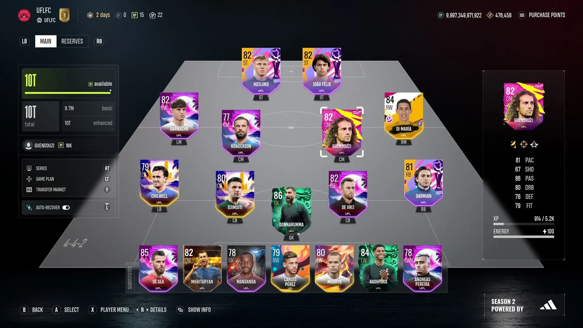 UFL™: Team formation screen displaying player cards with stats and positions in a 4-4-2 lineup.
