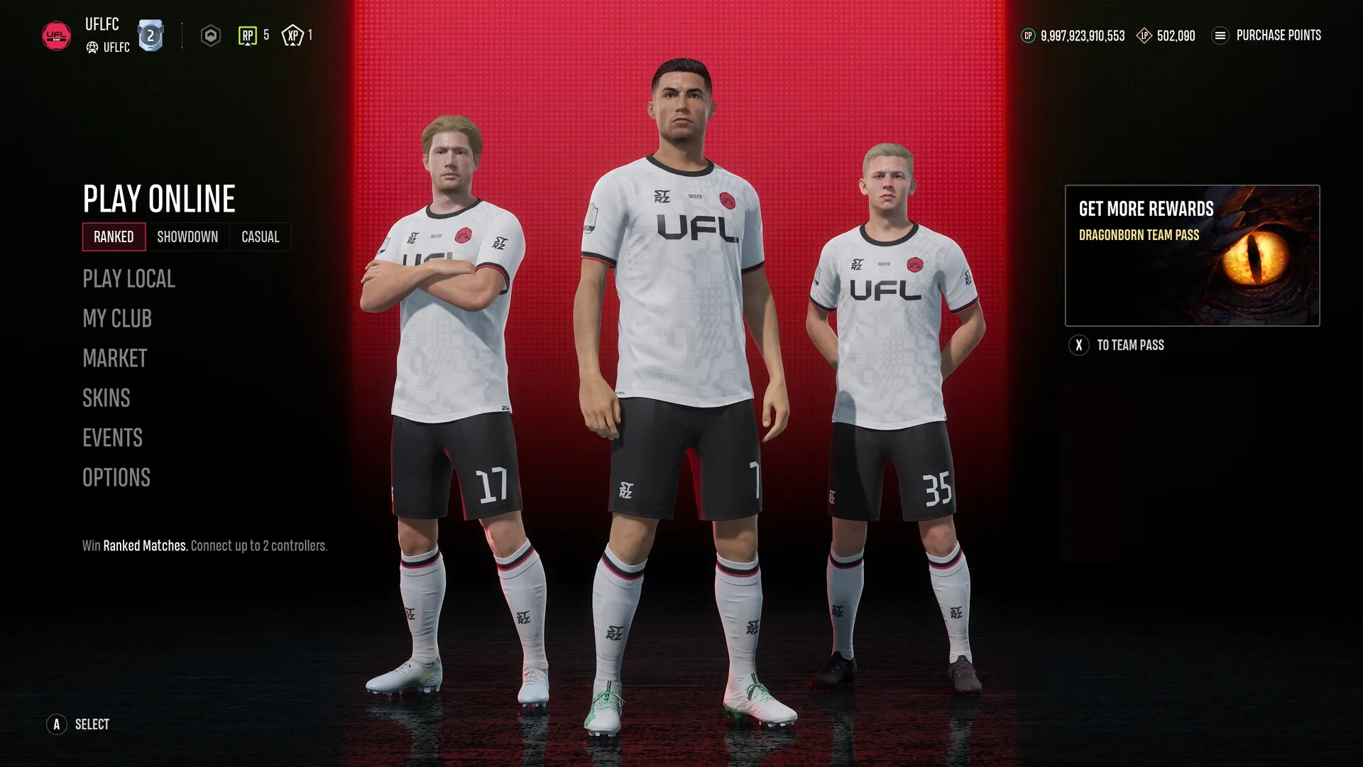 UFL™: Three players in team uniforms on character selection screen with play online menu options.