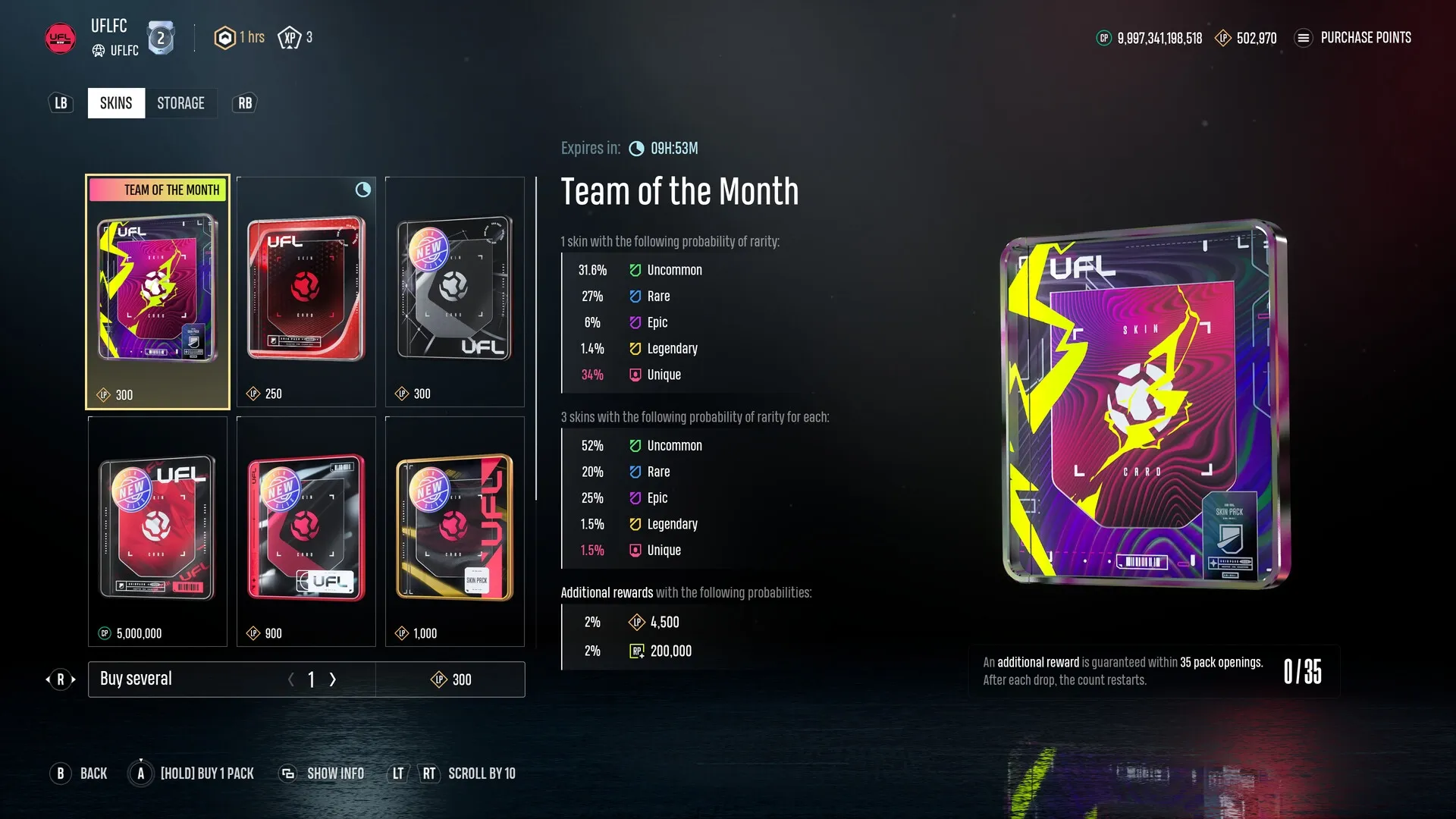 UFL™: Team of the Month skins with rarity probabilities displayed in the selection menu.