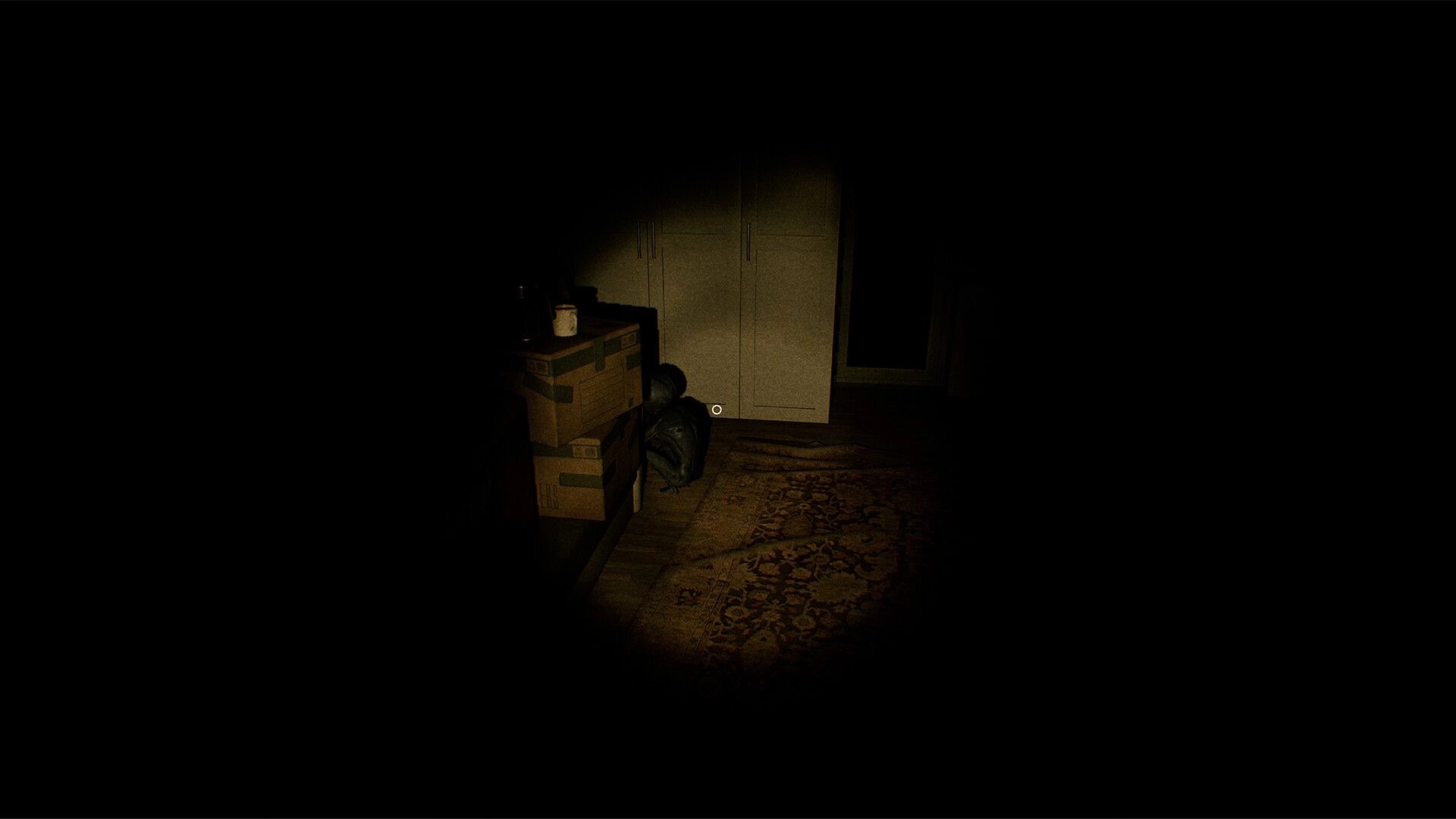 UFOPHILIA: Dimly lit room with alien crouched near boxes, illuminated by flashlight beam.