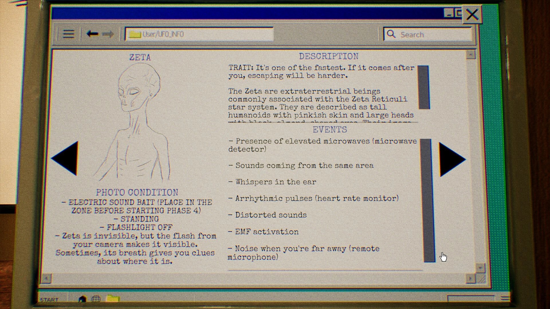 UFOPHILIA: Alien profile screen displaying Zeta description and photo conditions on a vintage monitor