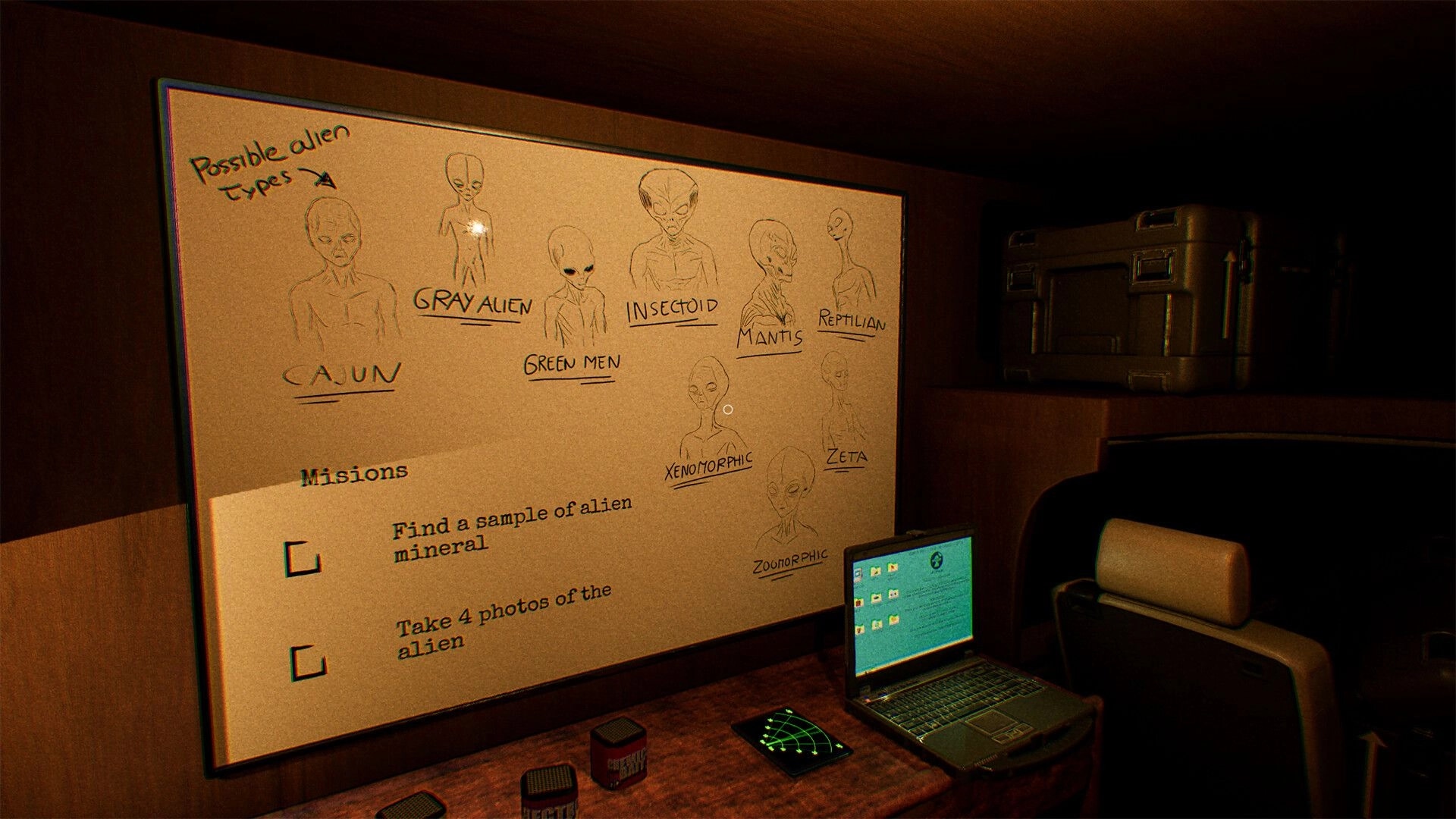UFOPHILIA: Alien types and mission list displayed on whiteboard in dimly lit investigation room