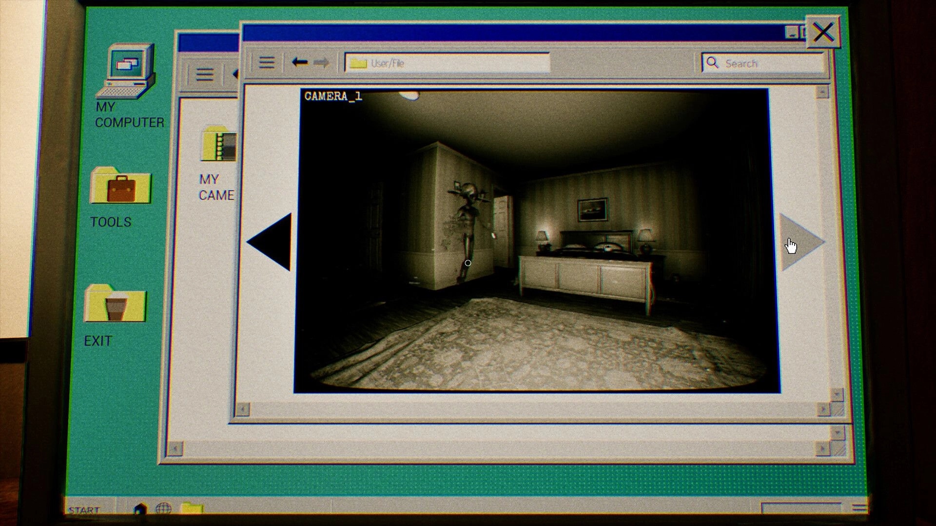 UFOPHILIA: Surveillance camera feed showing a dimly lit room with a mysterious figure in corner