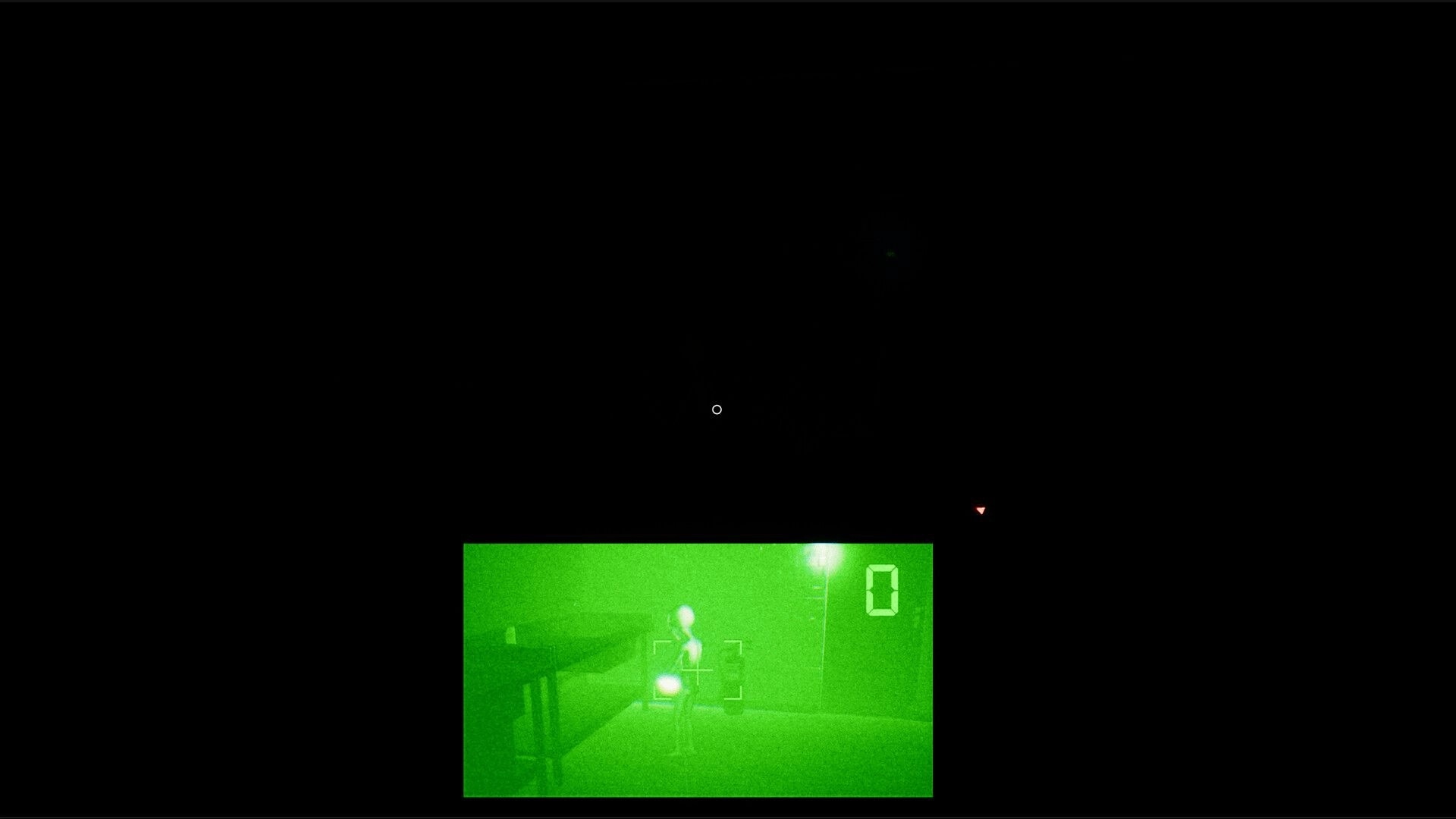 UFOPHILIA: Night vision scan of alien figure near desk in dark room with a digital counter display.