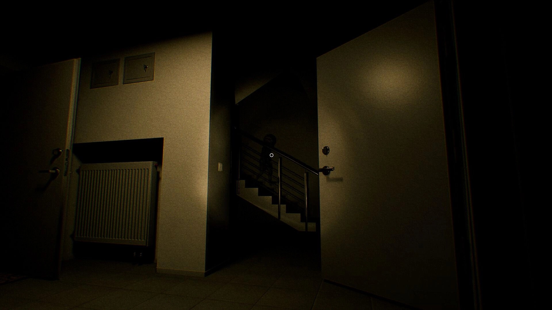 UFOPHILIA: Dark stairwell with shadowy figure lurking near open doors in dimly lit interior hallway
