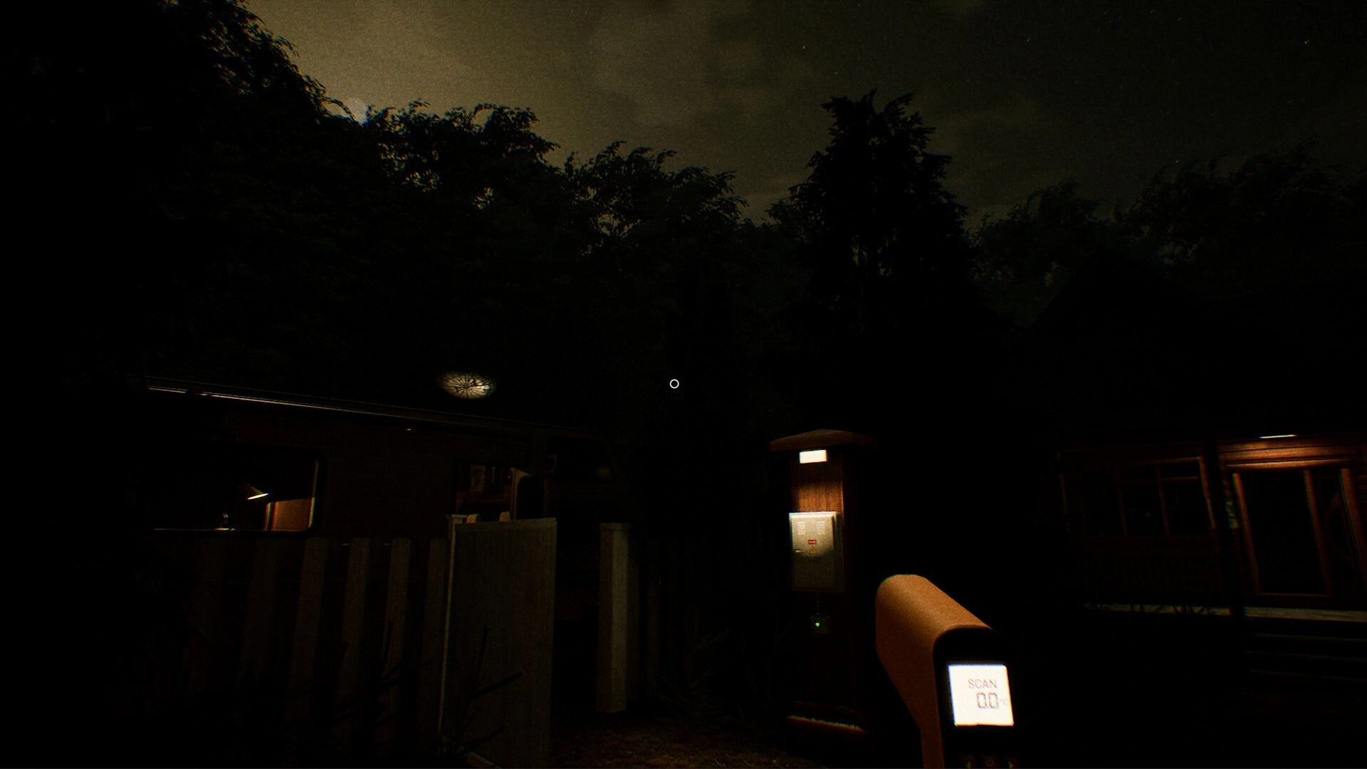 UFOPHILIA: Player uses scanning device in dark forest clearing with UFO hovering above trees
