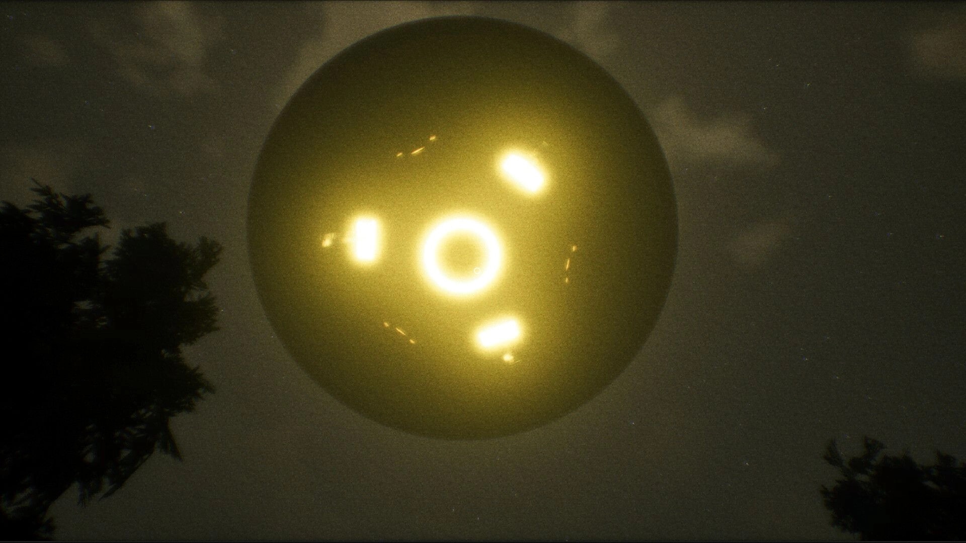 UFOPHILIA: Glowing UFO hovering above a dark forest at night, illuminating the scene with eerie light.