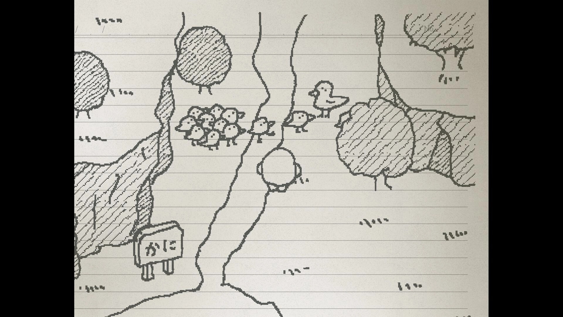 UGOMEKU NOTE: Small character approaches a flock of chicks on a path in a sketchy forest area.