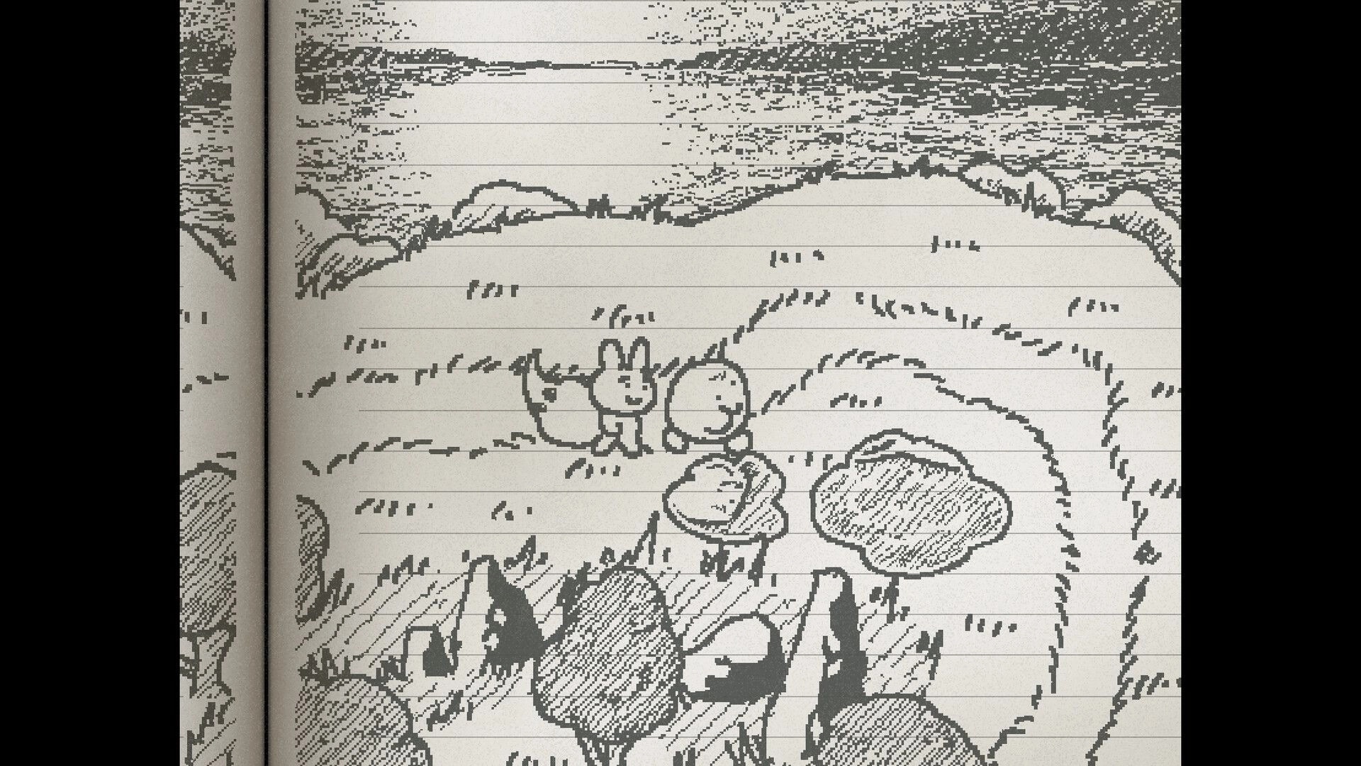 UGOMEKU NOTE: Three small animal doodles by rocks and puddles on a lined notebook landscape.