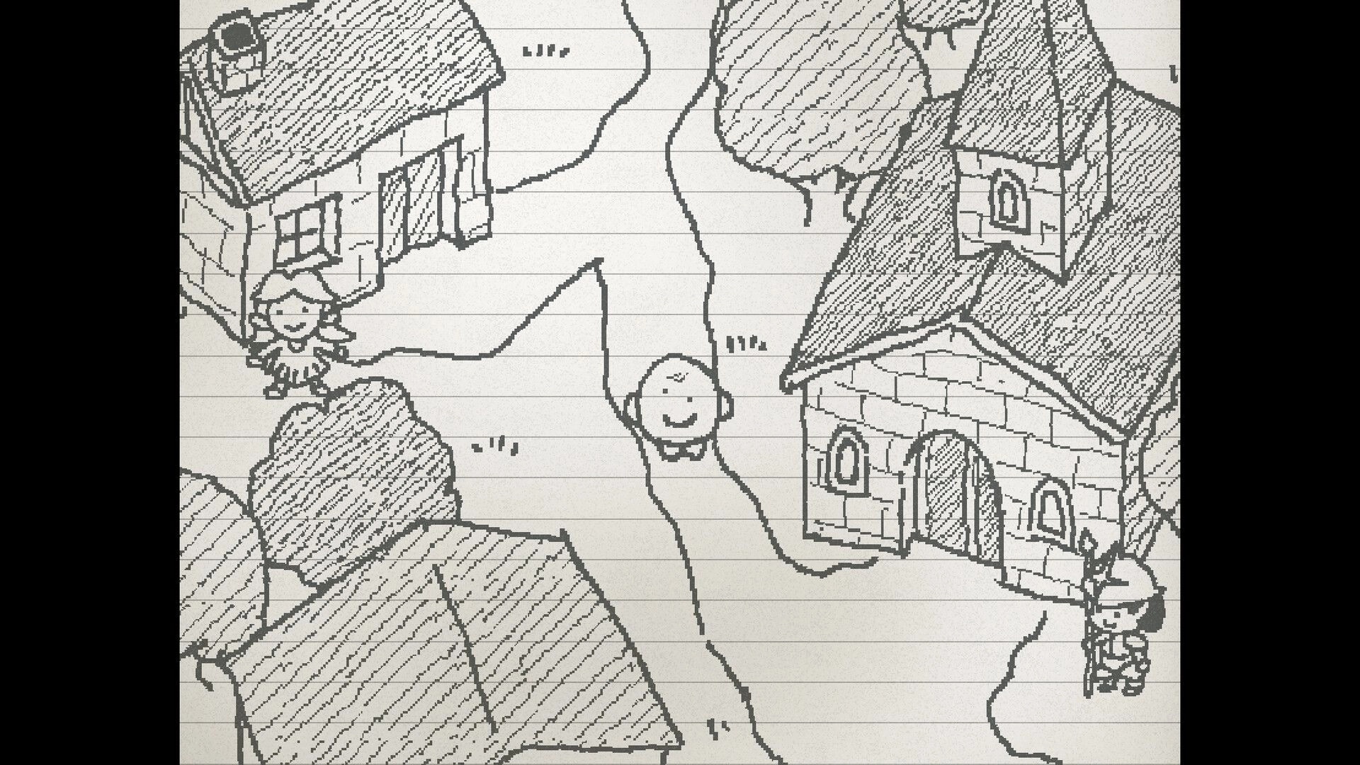 UGOMEKU NOTE: Smiling blob character on a winding path between houses in a hand-drawn village map.