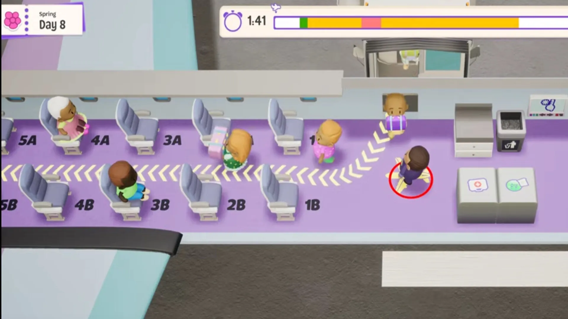 Uh Oh Airlines: Flight attendant directs passengers on purple aisle with seats and luggage on board