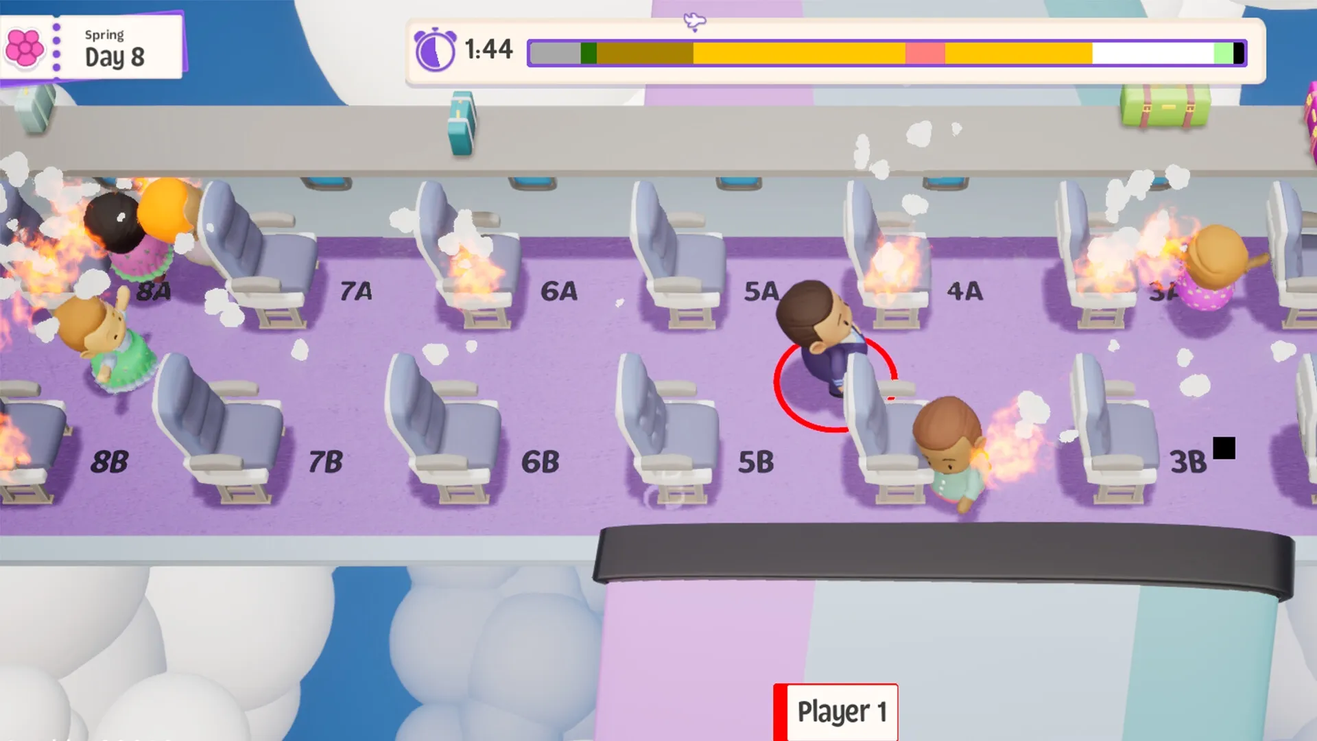Uh Oh Airlines: Flight attendant extinguishes seat fires amidst panicked passengers on a busy airplane.