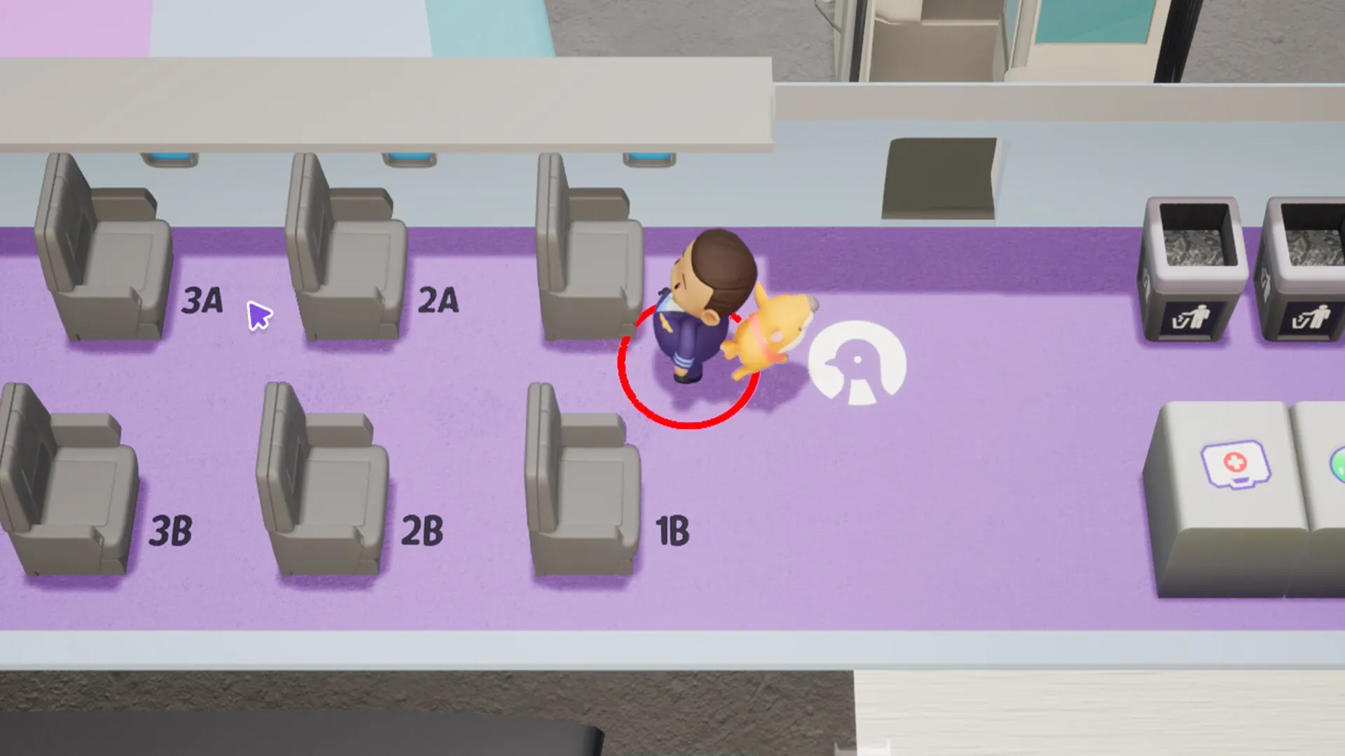 Uh Oh Airlines: Flight attendant with a red circle walks aisle near seats 2A and 3A in airplane cabin