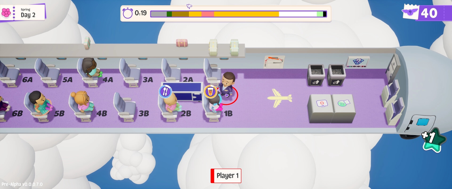 Uh Oh Airlines: Flight attendant serves passengers in a colorful airplane cabin with visible seat numbers.