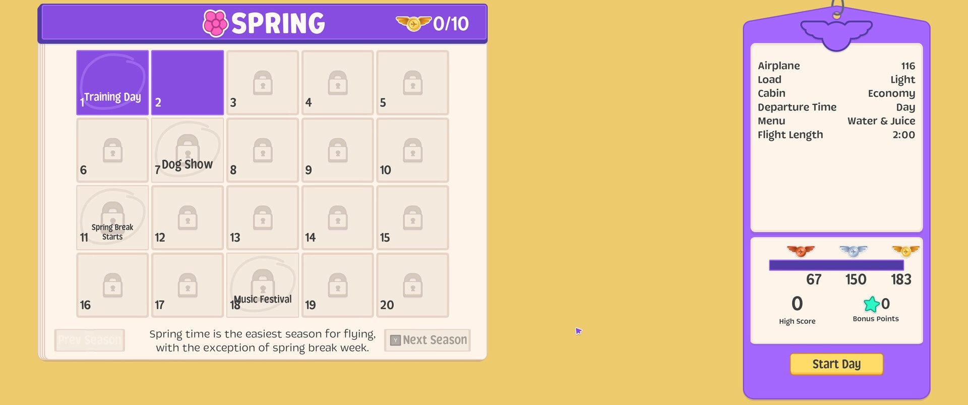 Uh Oh Airlines: Calendar with locked events and flight details on yellow background