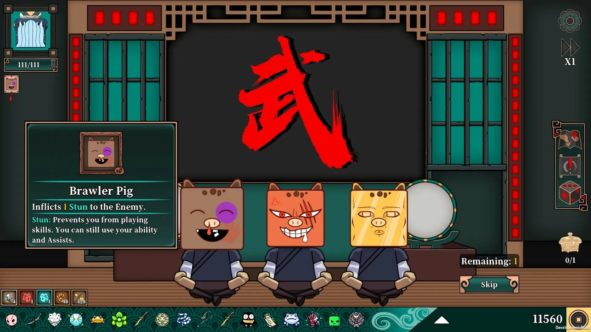 Ultimate Hero: Brawler Pig skill card details in dojo with three masked characters in foreground