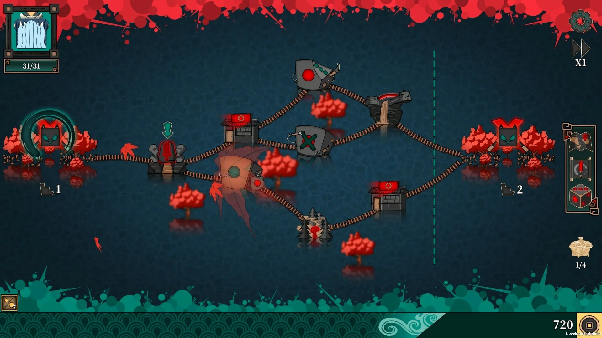 Ultimate Hero: Map with branching paths, enemy icons, and hero status in a vibrant, red-accented realm.