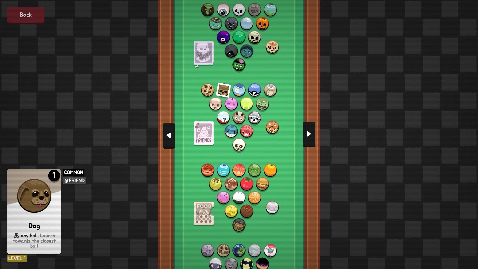 Ultrapool: Ball selection screen with themed balls and Dog card info panel on green pool table.