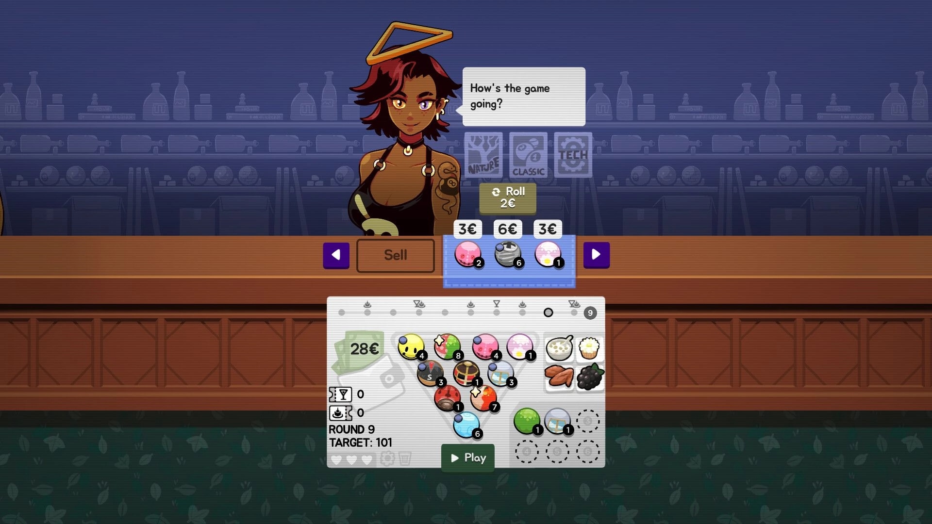 Ultrapool: Shop screen with bartender NPC and roll/sell UI above ball inventory in pool bar.