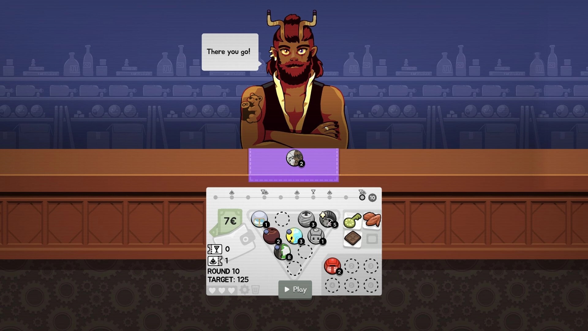 Ultrapool: Horned bartender NPC with dialogue over shop inventory and Play button at bar counter.