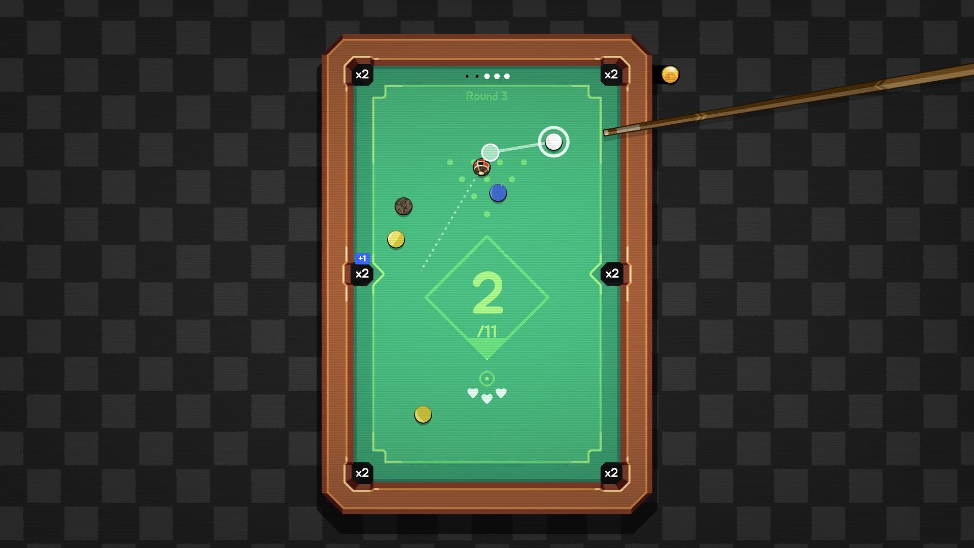 Ultrapool: Aiming a cue shot at clustered balls with dotted trajectory on a green pool table UI.