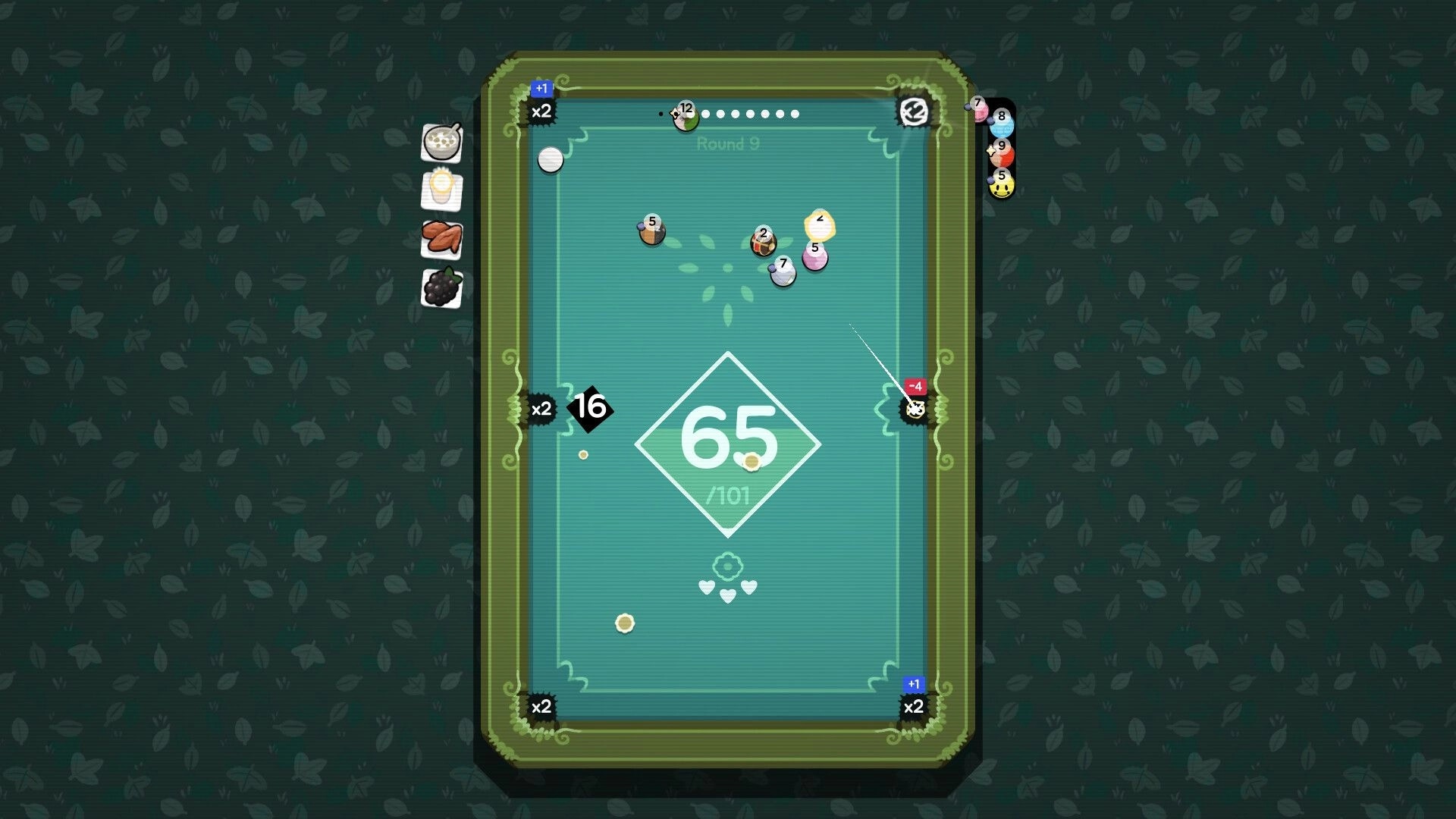 Ultrapool: Aiming a cue ball at clustered numbered balls on Round 9 table with score 65 UI.