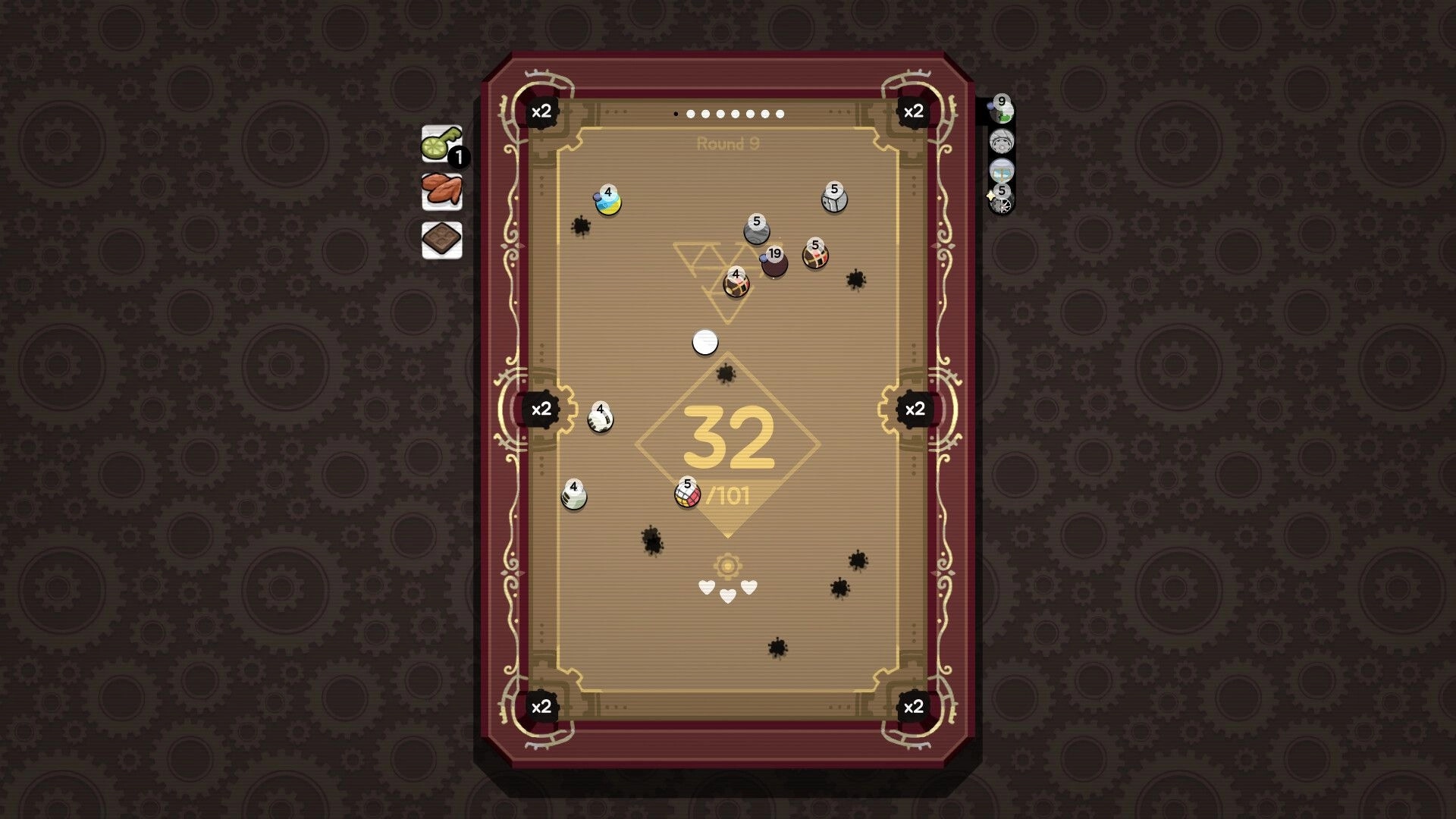 Ultrapool: Top-down pool table with numbered balls and score 32 UI on a patterned bar backdrop.