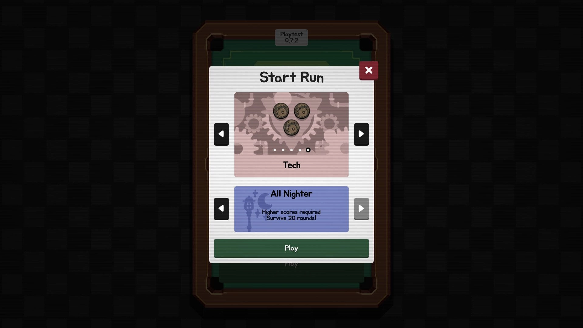 Ultrapool: Start Run menu selecting Tech and All Nighter modifiers on a pool-table styled screen.