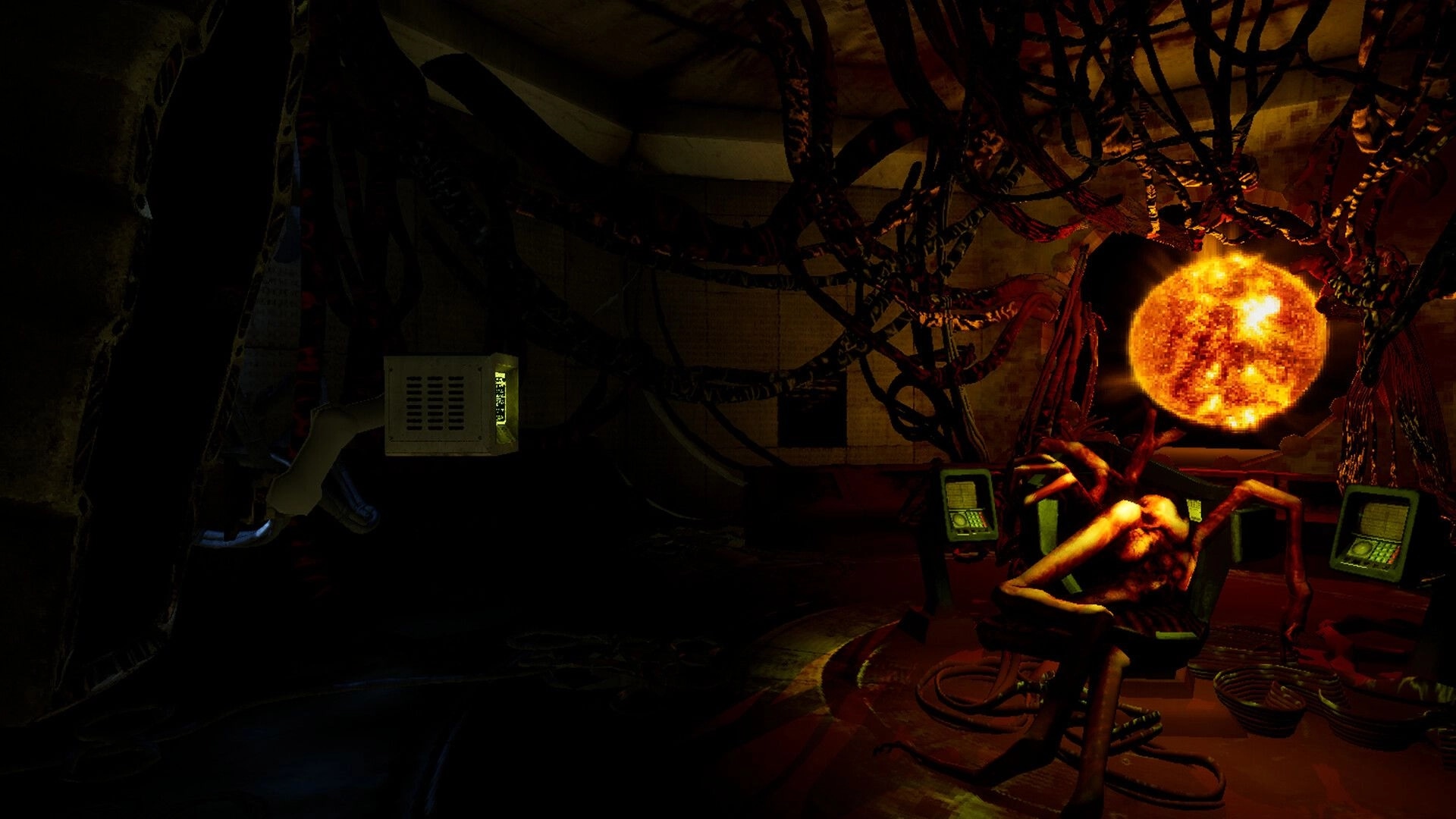Ultrasound: Grotesque creature in control room with tangled wires and glowing monitors on space freighter