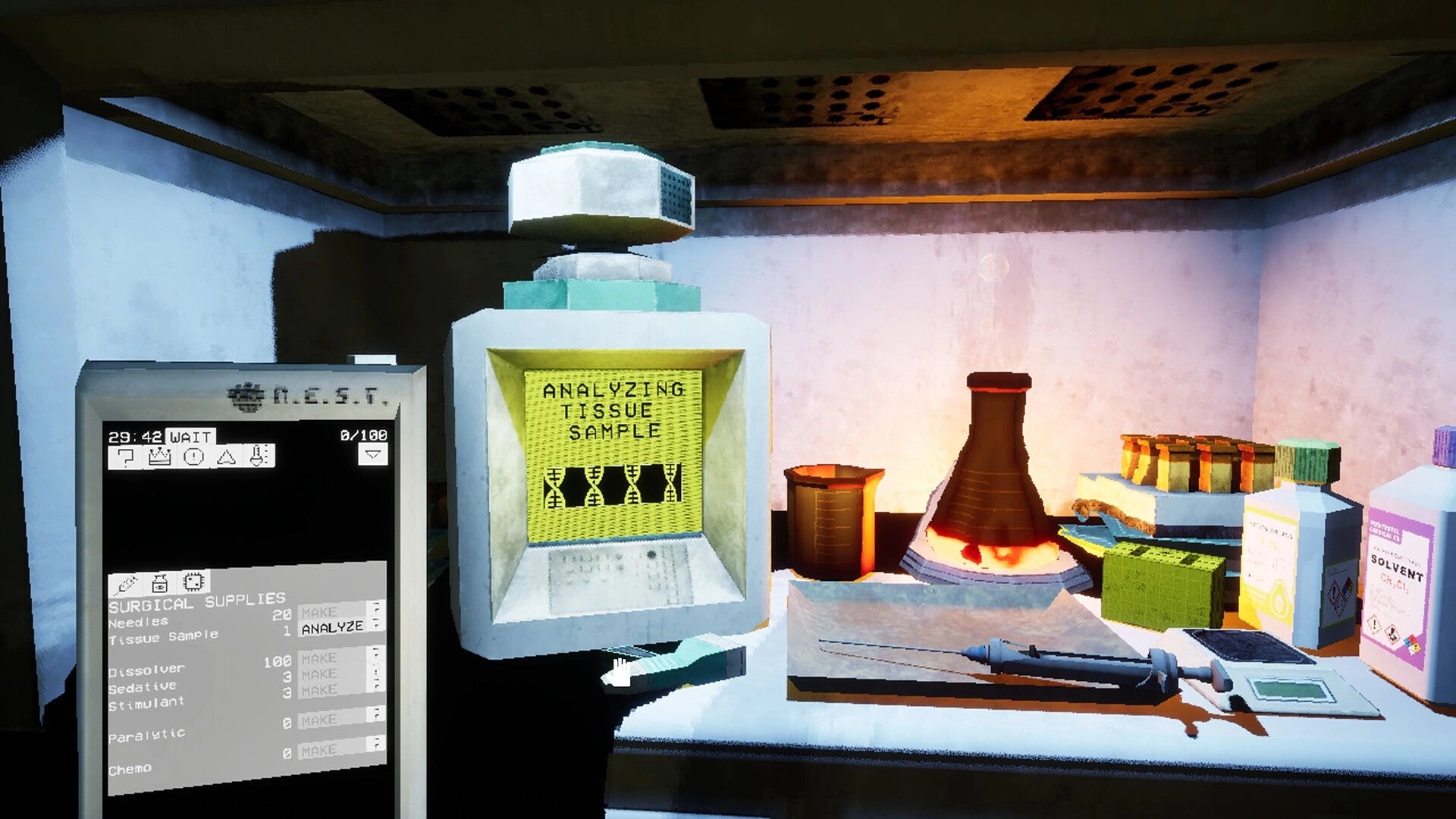 Ultrasound: Tissue analysis on screen with surgical supplies in a dimly lit space freighter lab