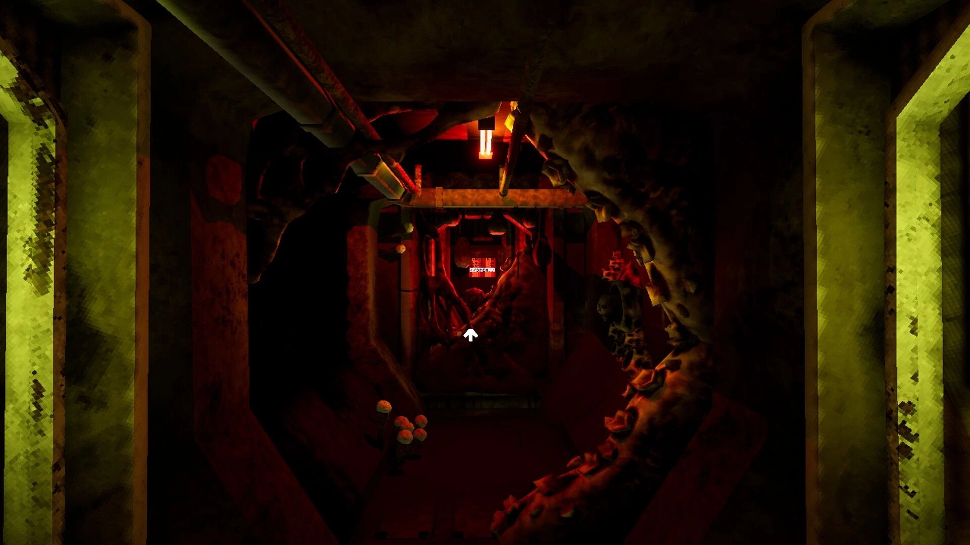 Ultrasound: Dark, narrow corridor with organic growths and dim red lighting aboard a space freighter