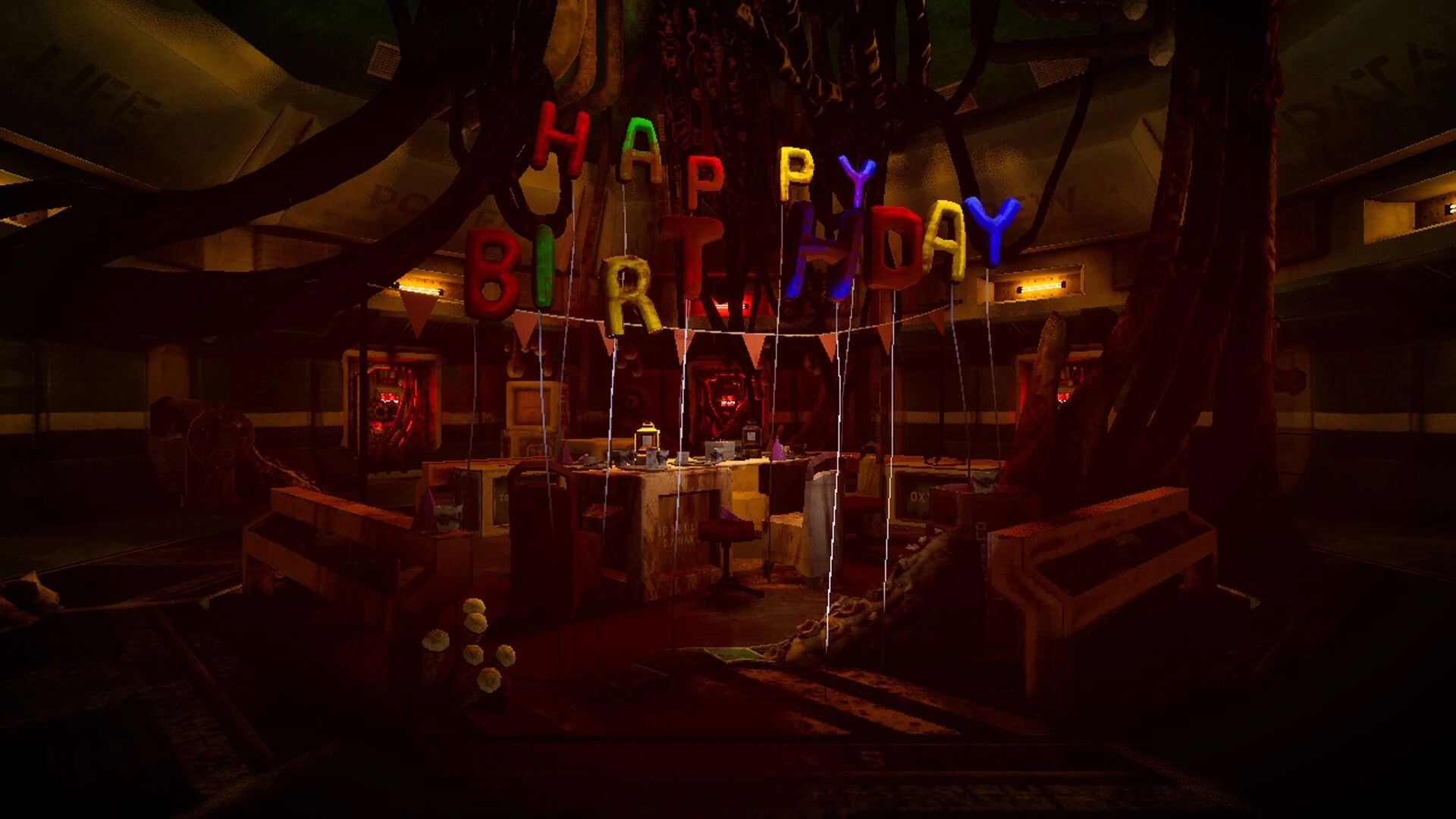 Ultrasound: Dark room with "Happy Birthday" banner, scattered supplies, and ominous red lighting.