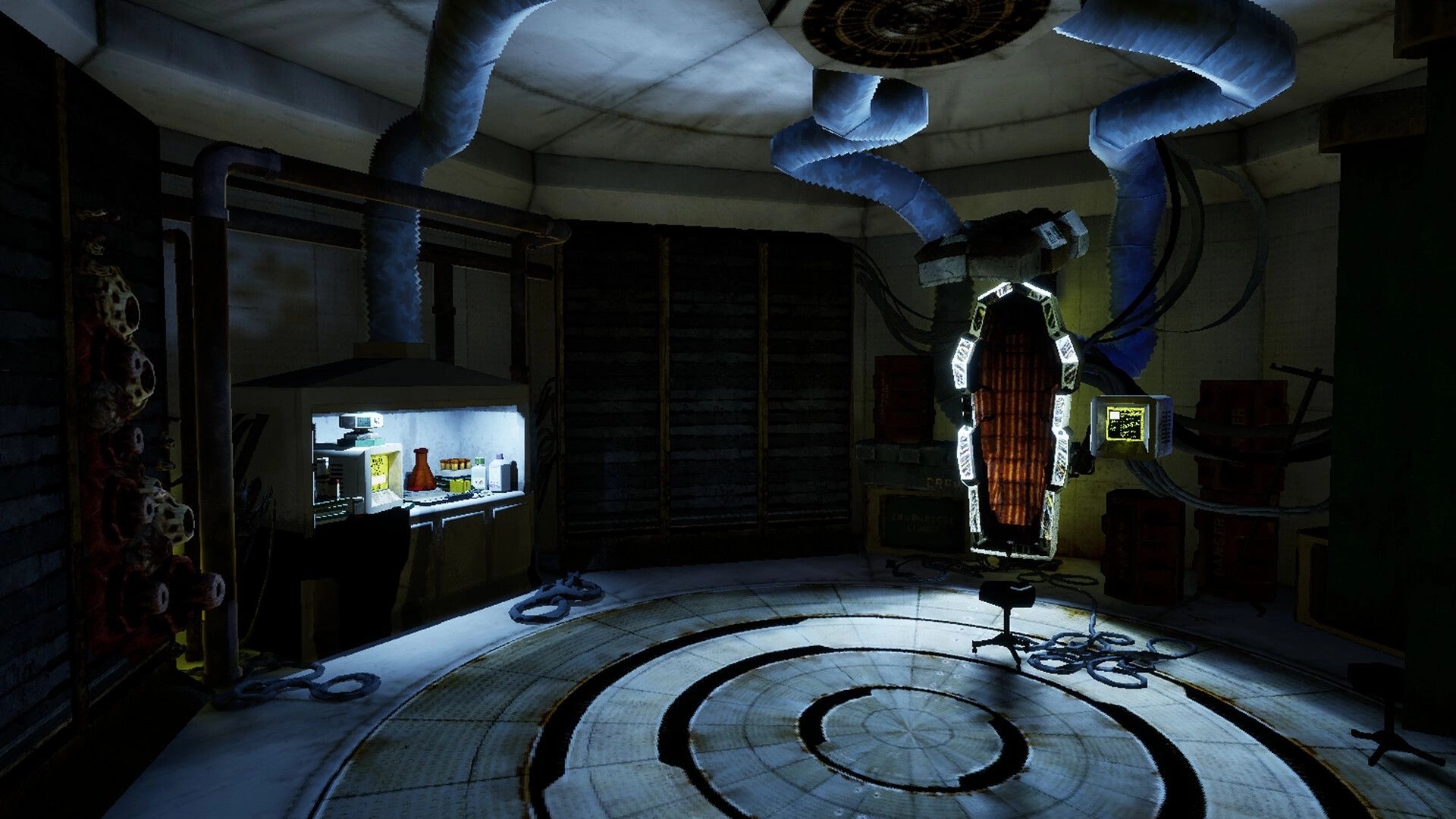 Ultrasound: Surgical chamber with an ultrasound machine, medical tools, and eerie glowing lighting