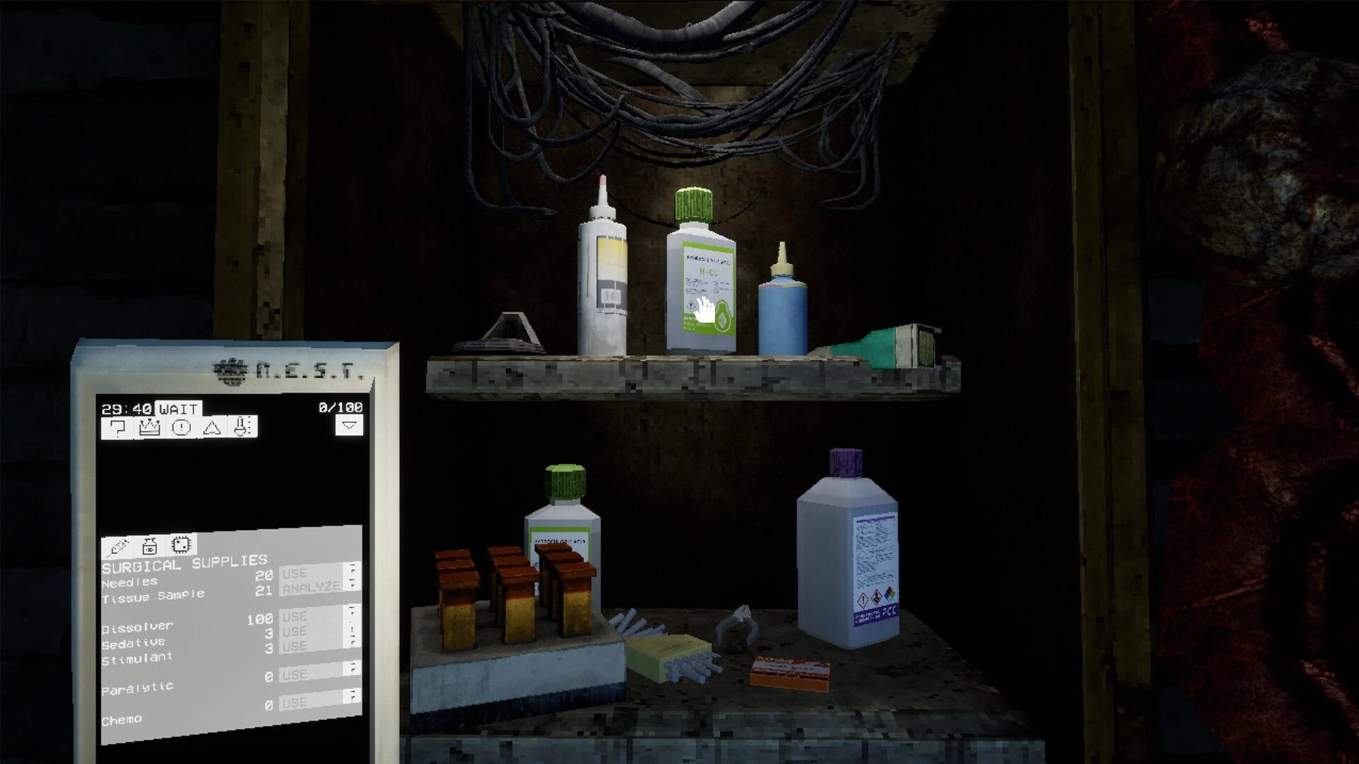 Ultrasound: Inventory menu with surgical supplies and medical bottles on shelves in dimly lit space cabin.