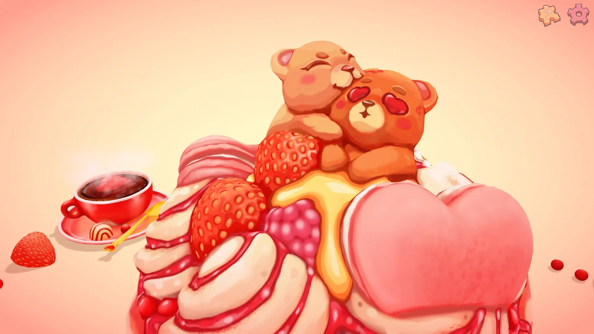UMAMI: Two bear-shaped pastries cuddle atop a strawberry cake with a steaming cup of tea nearby