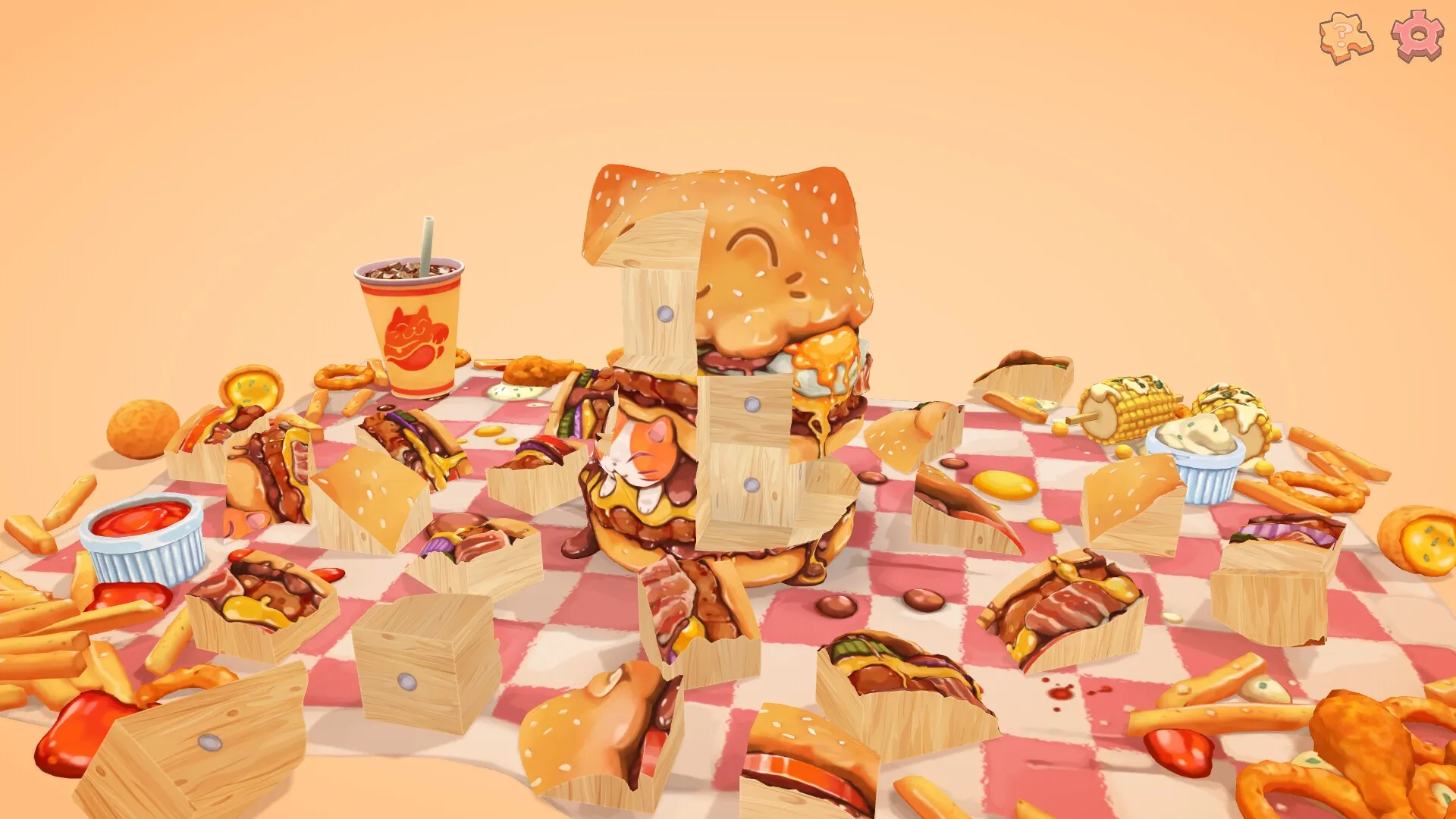 UMAMI: Wooden blocks form a burger tower on a checkered tablecloth with scattered food items and drink.