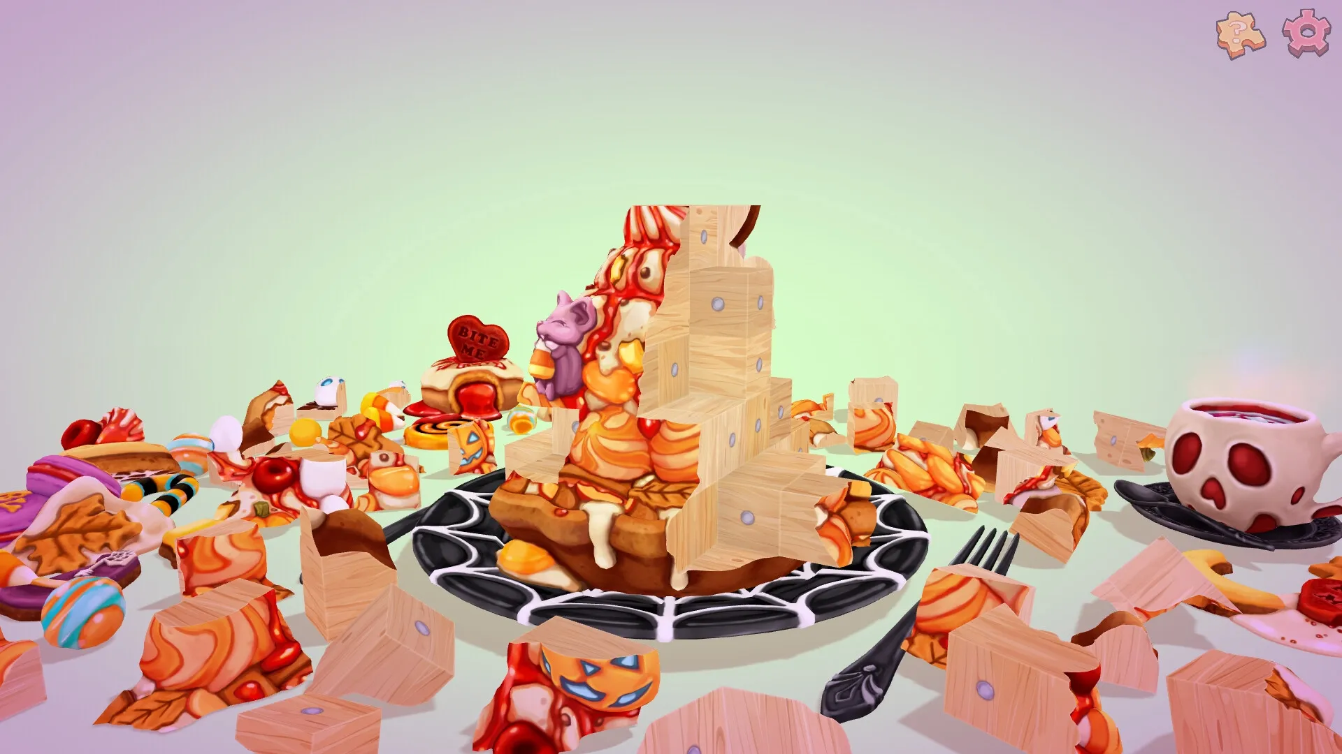 UMAMI: Colorful food tower puzzle with wooden blocks and pastries on a whimsical table setting