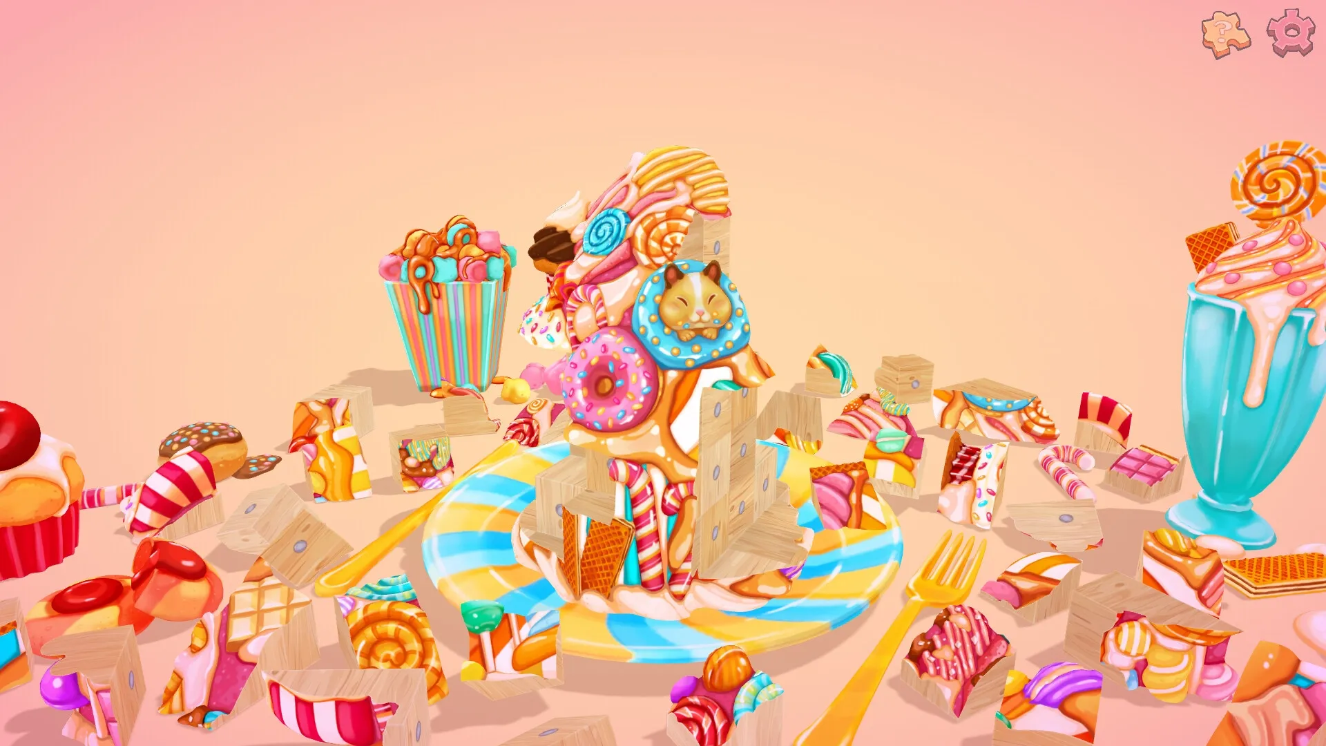 UMAMI: Colorful dessert tower assembling with wooden blocks on a striped plate in a pastel setting.