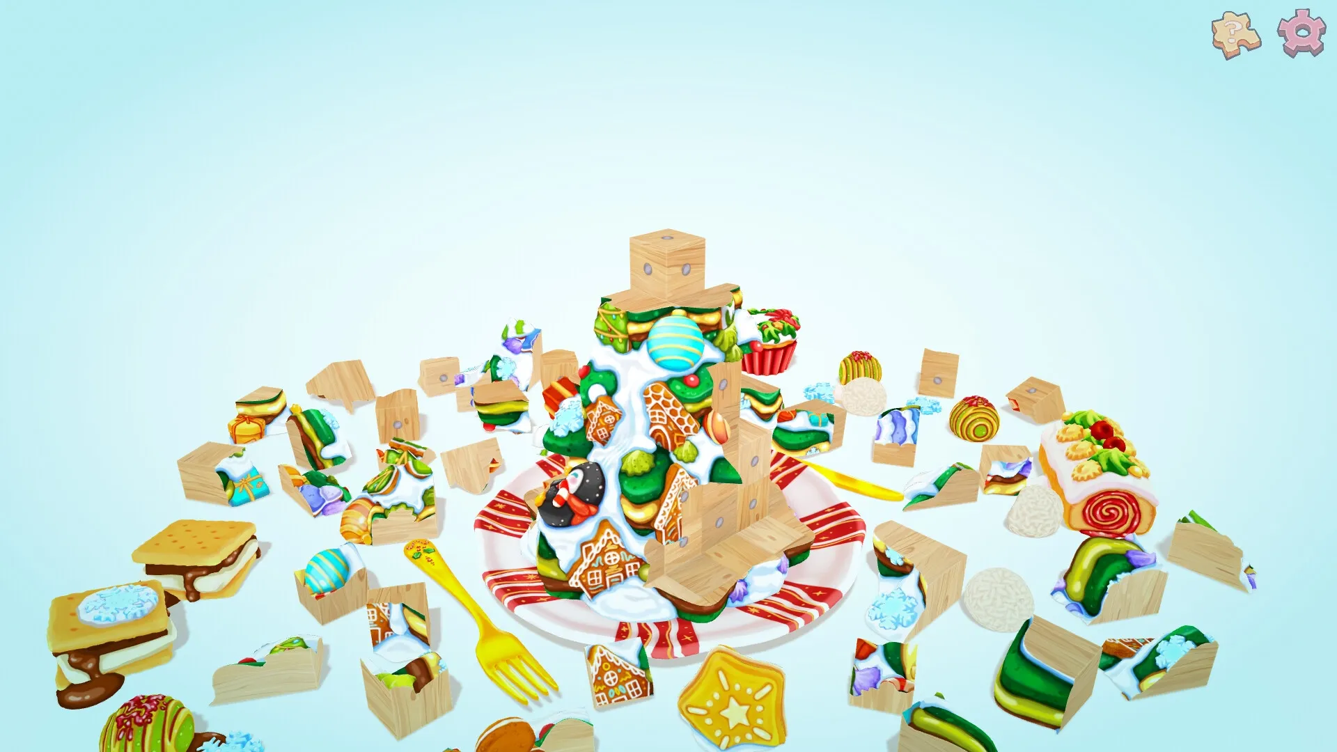 UMAMI: Colorful food puzzle with wooden blocks and sweet treats on a plate, gear icons in corner